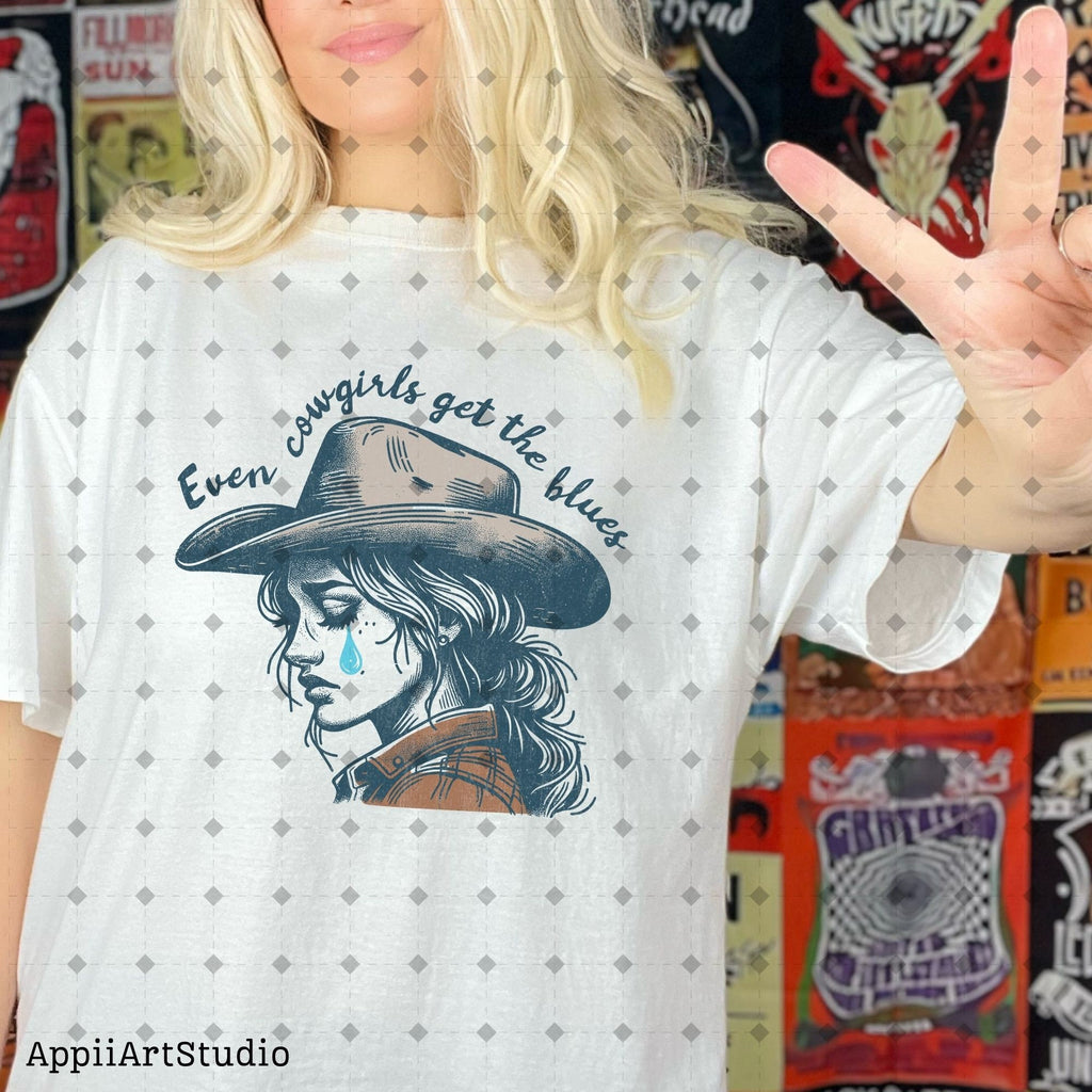 Even cowgirls get the blues PNG, Western Shirt Design, Western PNG, Vintage Style Png, Western Design, Cowgirl Png, Boho girl,hand drawn png