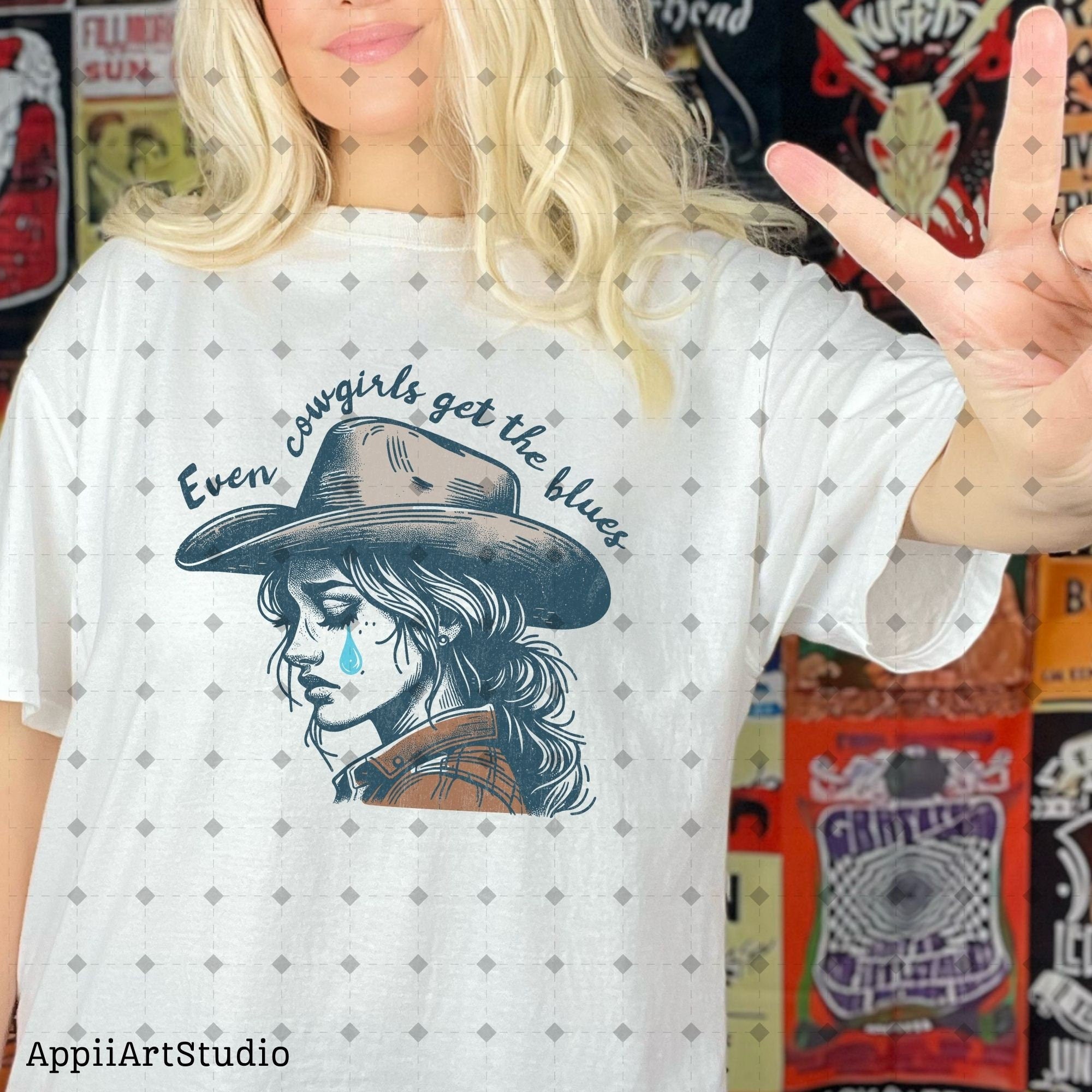 Even cowgirls get the blues PNG, Western Shirt Design, Western PNG, Vintage Style Png, Western Design, Cowgirl Png, Boho girl,hand drawn png