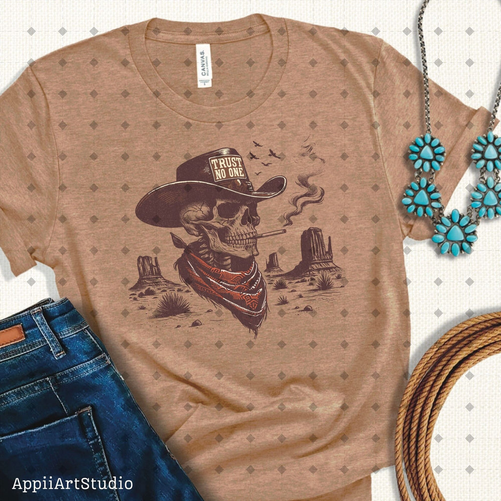 Trust No One Png , Western Cowboy Skull Design PNG, Western PNG, Vintage Style PNG, Western Design, Desert Western Png, hand drawn png