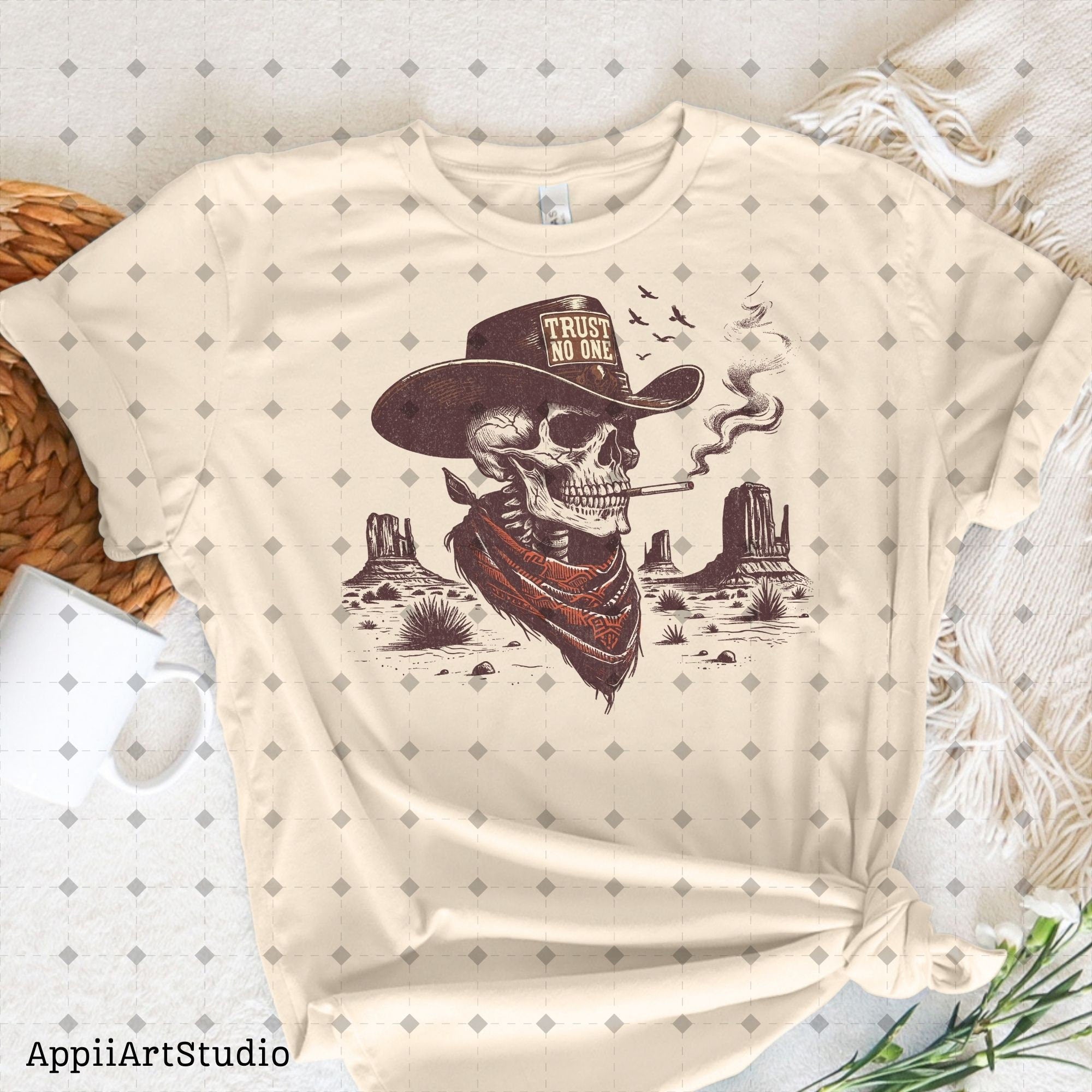 Trust No One Png , Western Cowboy Skull Design PNG, Western PNG, Vintage Style PNG, Western Design, Desert Western Png, hand drawn png