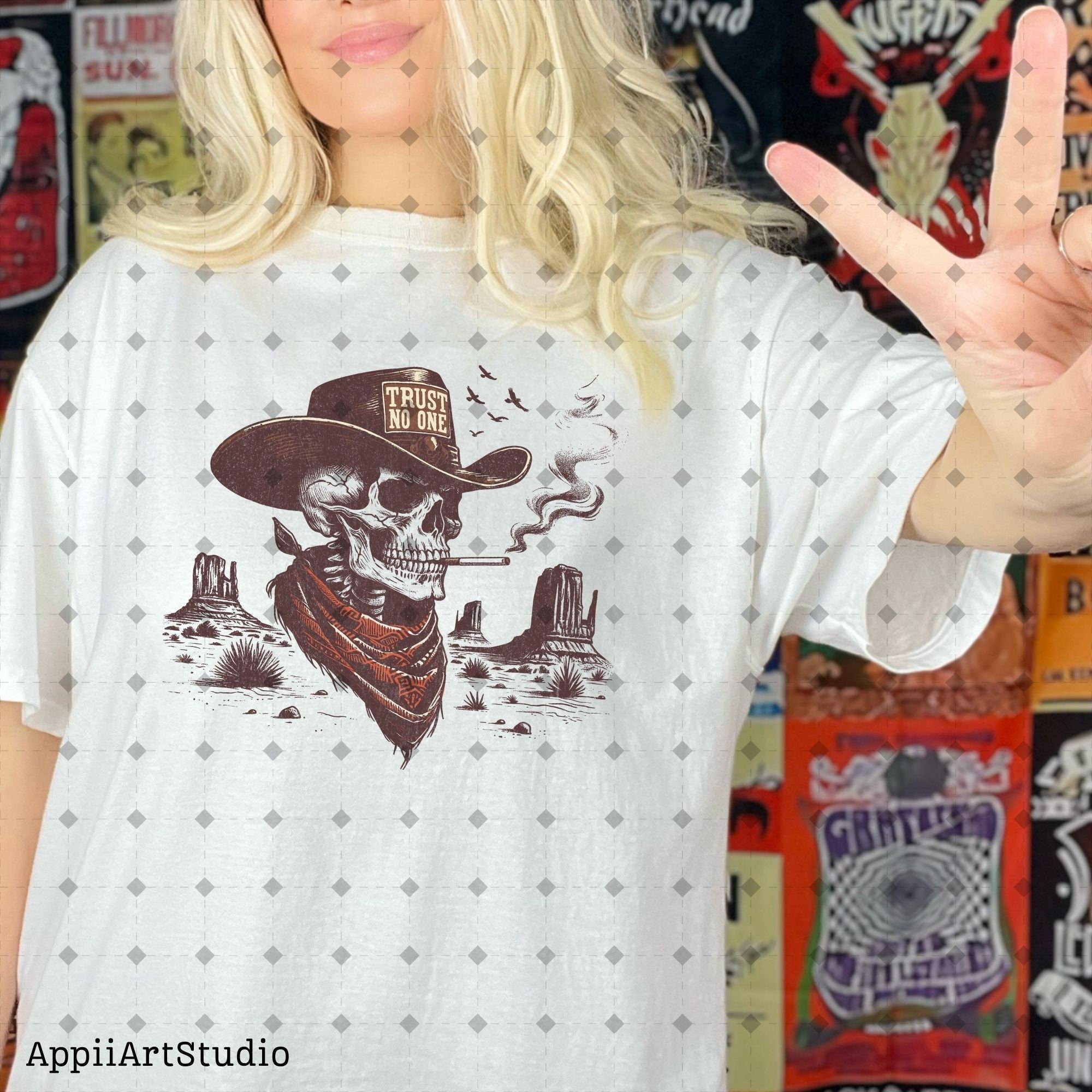 Trust No One Png , Western Cowboy Skull Design PNG, Western PNG, Vintage Style PNG, Western Design, Desert Western Png, hand drawn png