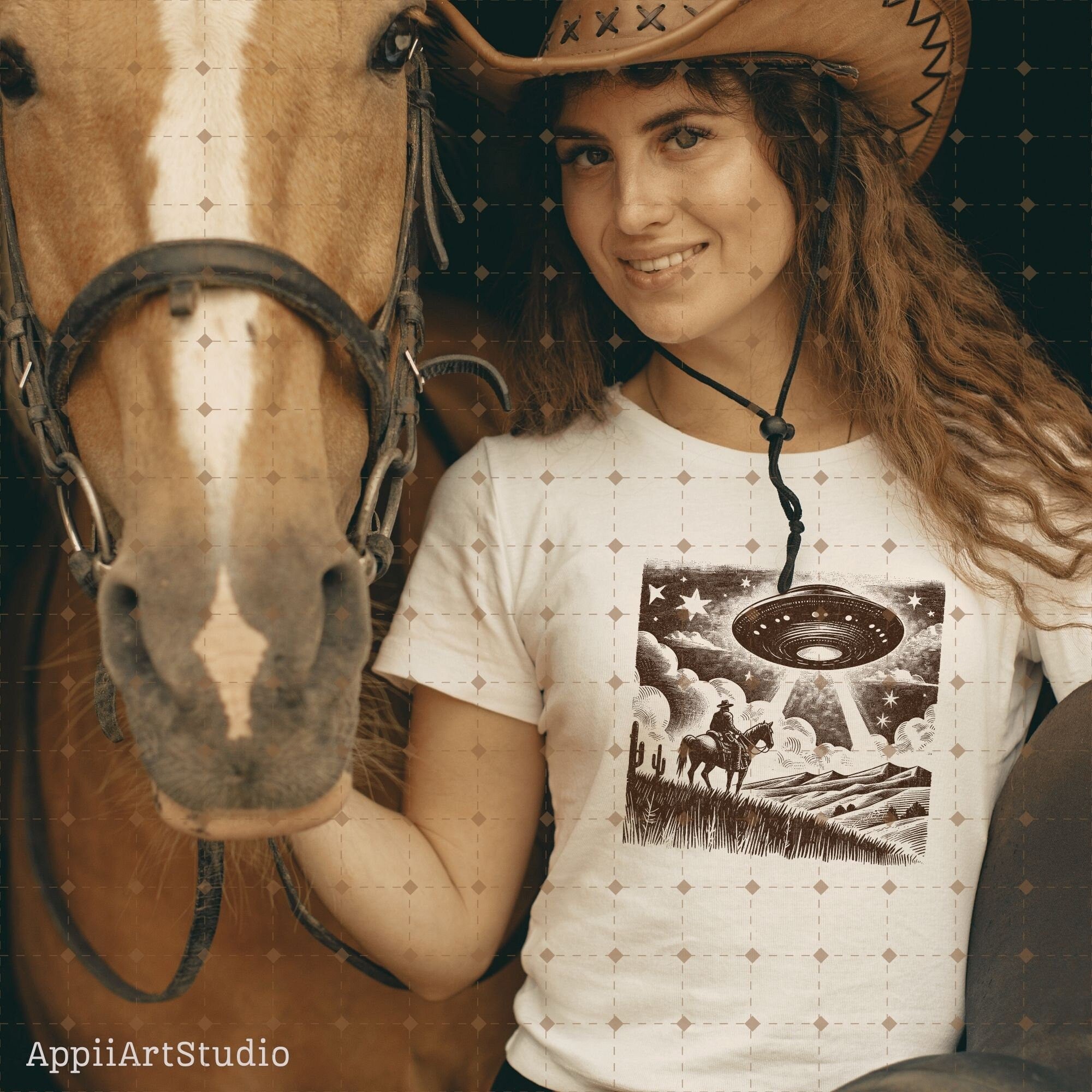 Cowboy UFO PNG Retro Alien Spaceship Vintage Western Horse Riding Desert Funny Illustration T-Shirt Graphic Transparent PNG Digital Download