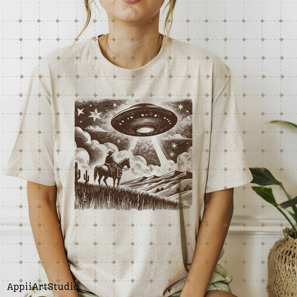 Cowboy UFO PNG Retro Alien Spaceship Vintage Western Horse Riding Desert Funny Illustration T-Shirt Graphic Transparent PNG Digital Download