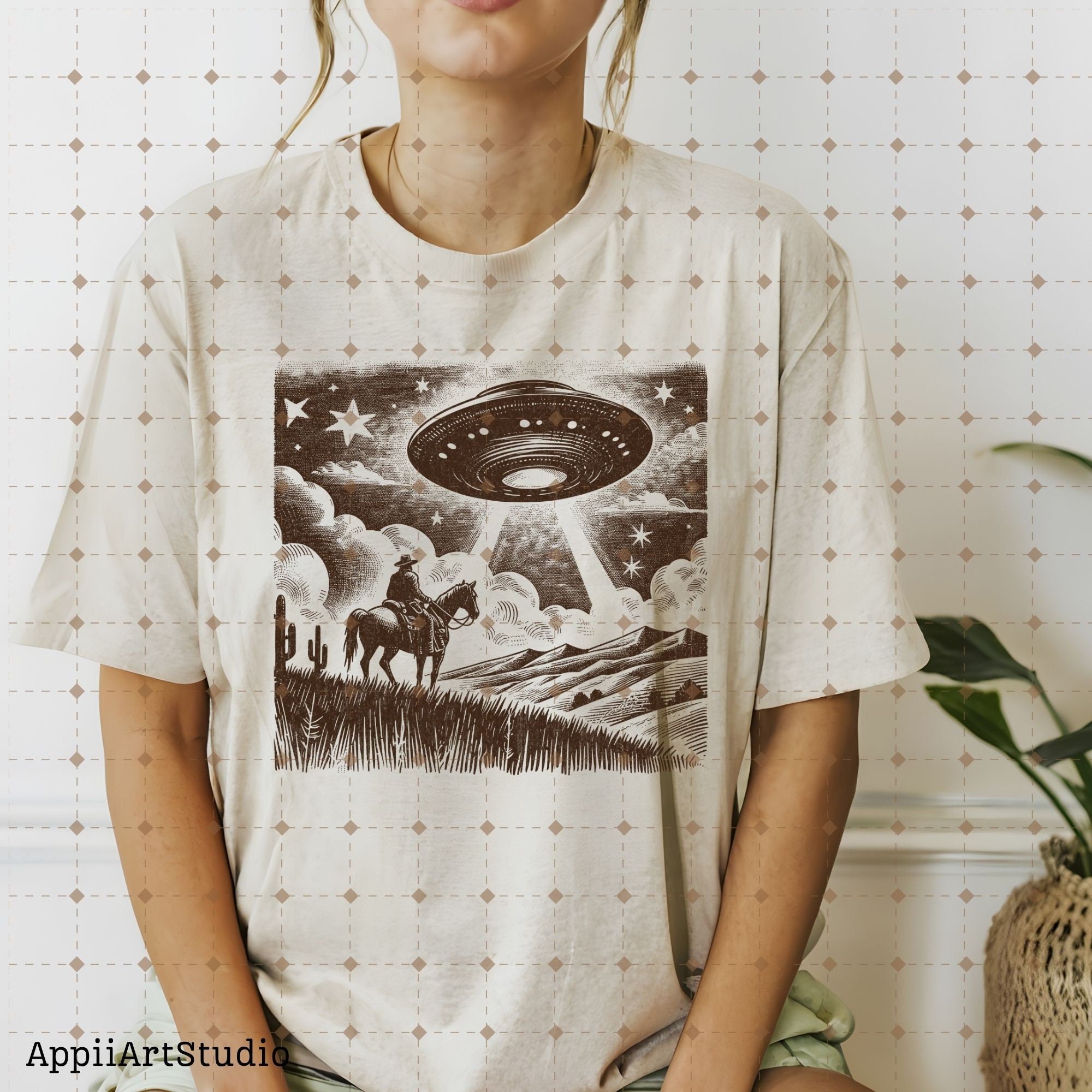 Cowboy UFO PNG Retro Alien Spaceship Vintage Western Horse Riding Desert Funny Illustration T-Shirt Graphic Transparent PNG Digital Download