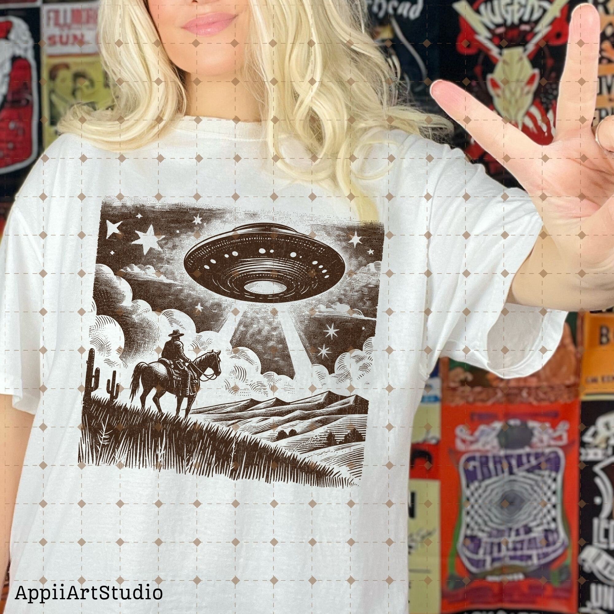 Cowboy UFO PNG Retro Alien Spaceship Vintage Western Horse Riding Desert Funny Illustration T-Shirt Graphic Transparent PNG Digital Download