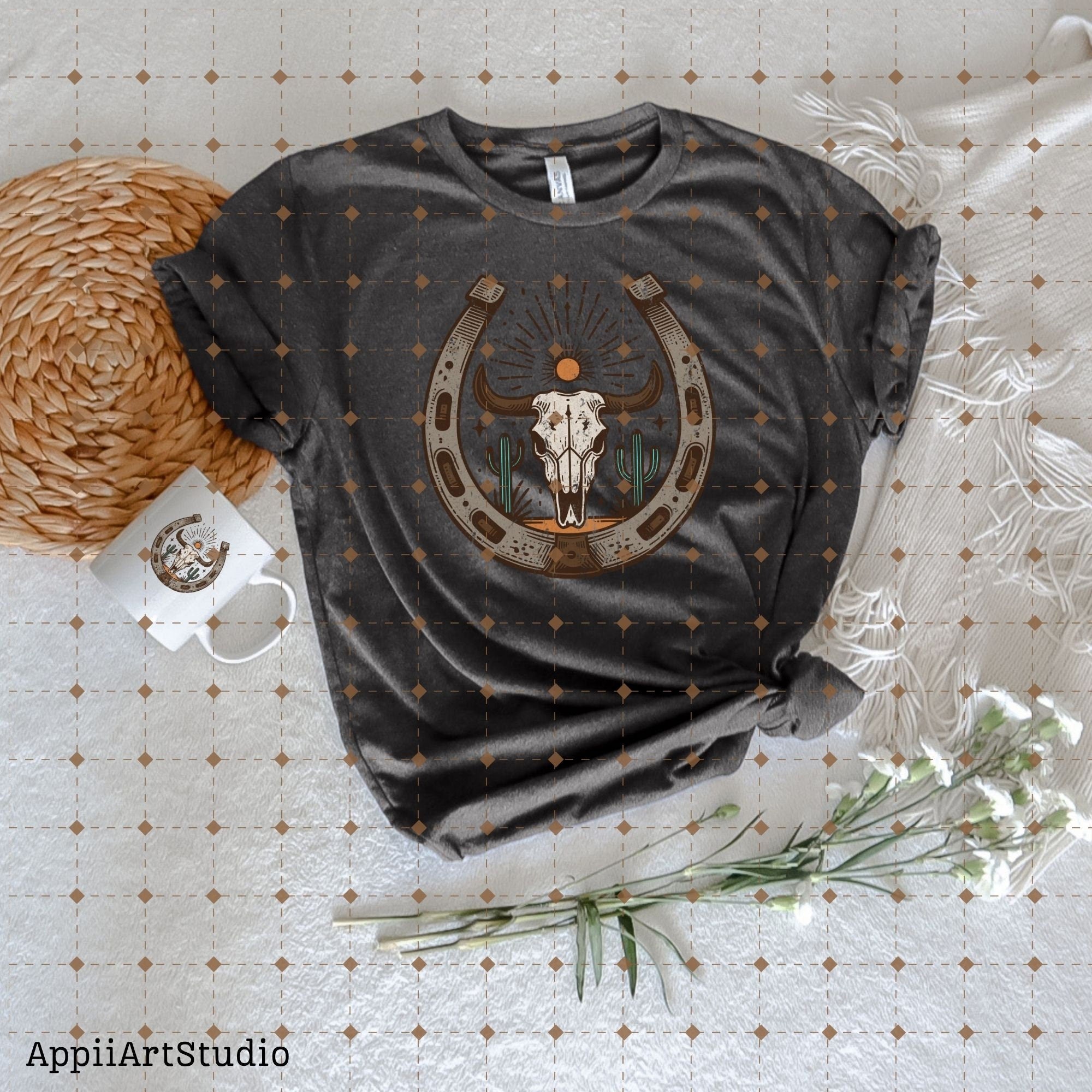 Desert Cow Skull Horseshoe PNG, Western Cowgirl, Western Shirt Design PNG, Western PNG, Vintage Style png, Western Design png, Horseshoe png