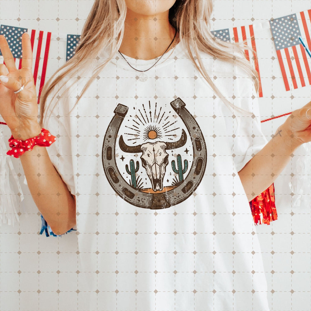 Desert Cow Skull Horseshoe PNG, Western Cowgirl, Western Shirt Design PNG, Western PNG, Vintage Style png, Western Design png, Horseshoe png