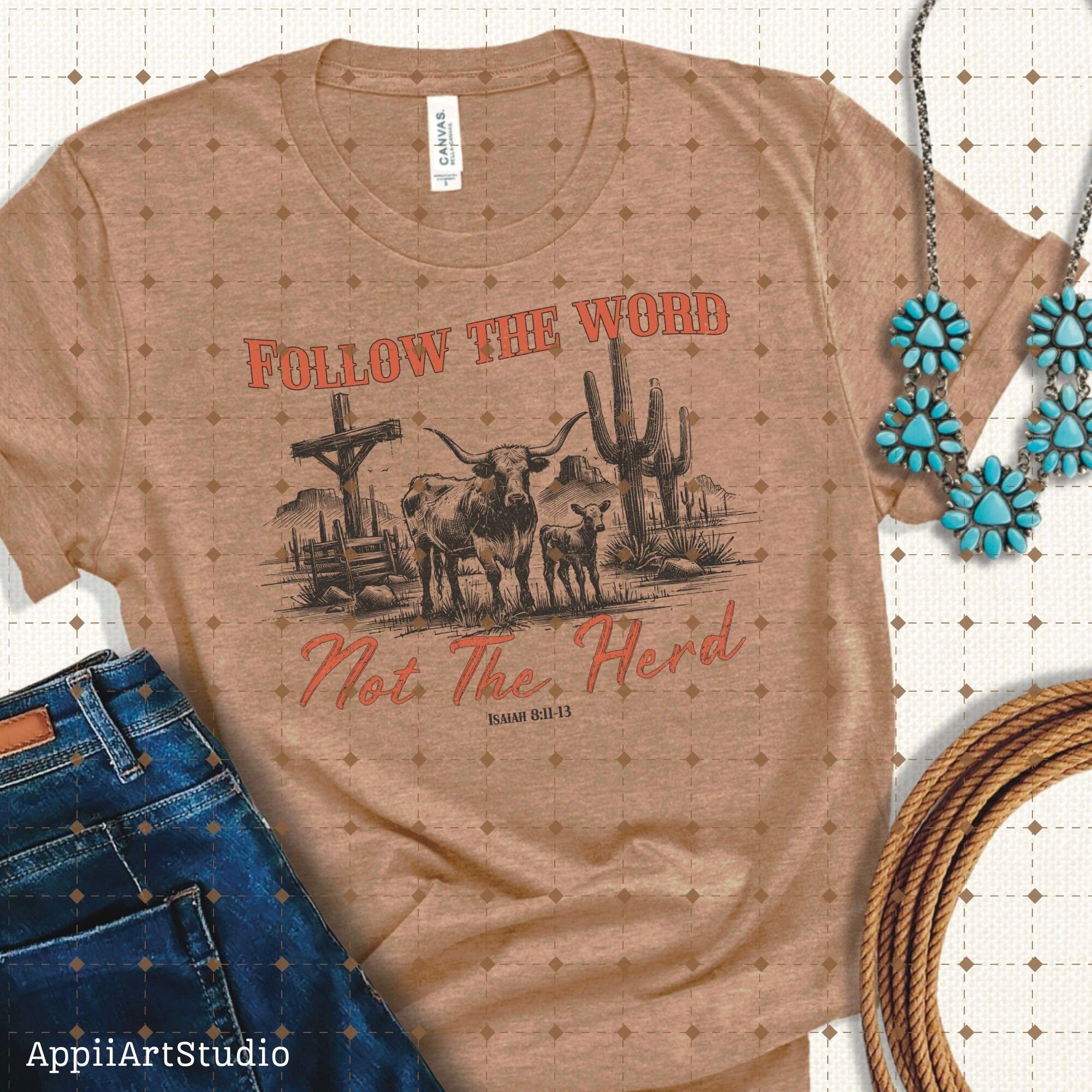 Follow the word, not the herd PNG, Longhorn cow desert png, Sublimation Design, Christian Country PNG, Western Cowboy PNG, Christian Png