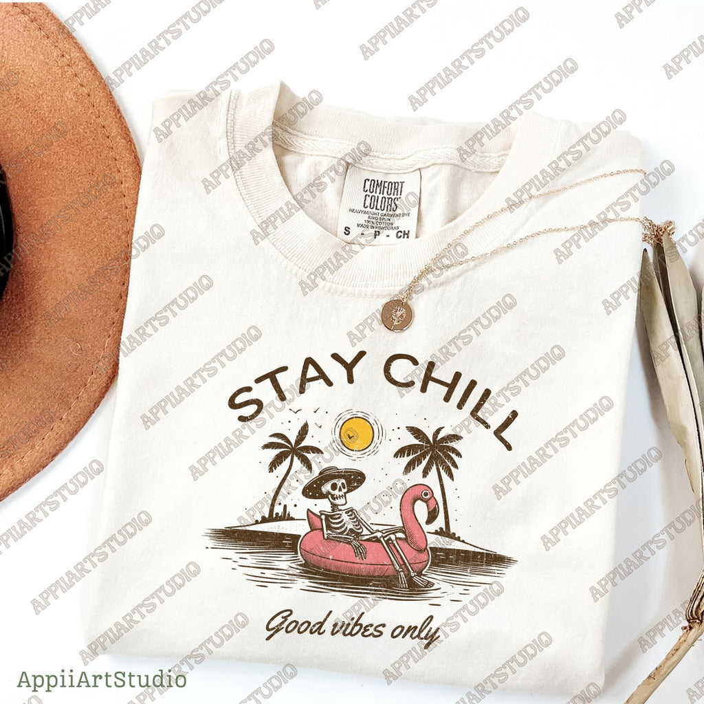 Stay Chill Skeleton PNG - Good Vibes Only - Summer Beach Relaxation - Tropical Flamingo Floating Summer png, summertime western png