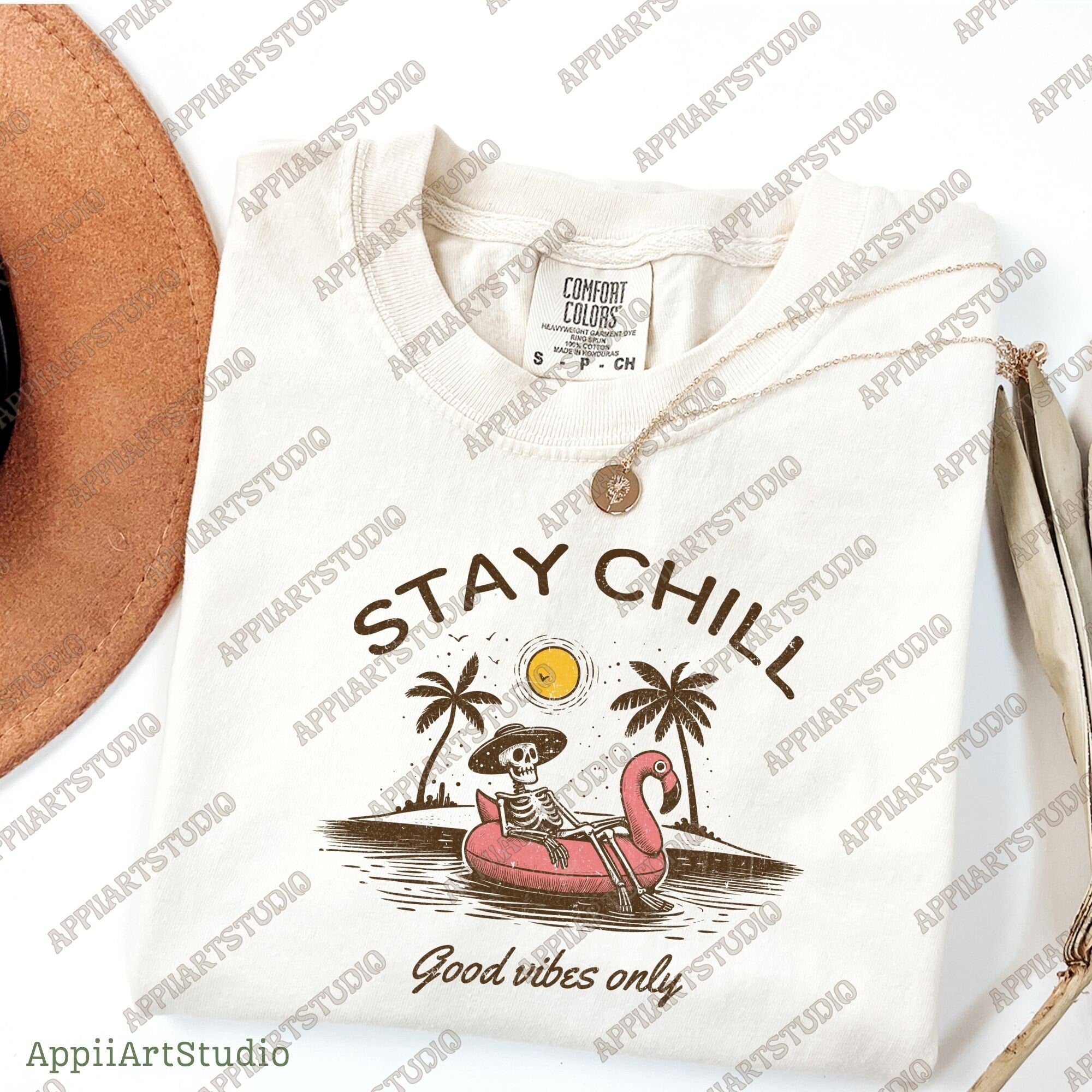 Stay Chill Skeleton PNG - Good Vibes Only - Summer Beach Relaxation - Tropical Flamingo Floating Summer png, summertime western png
