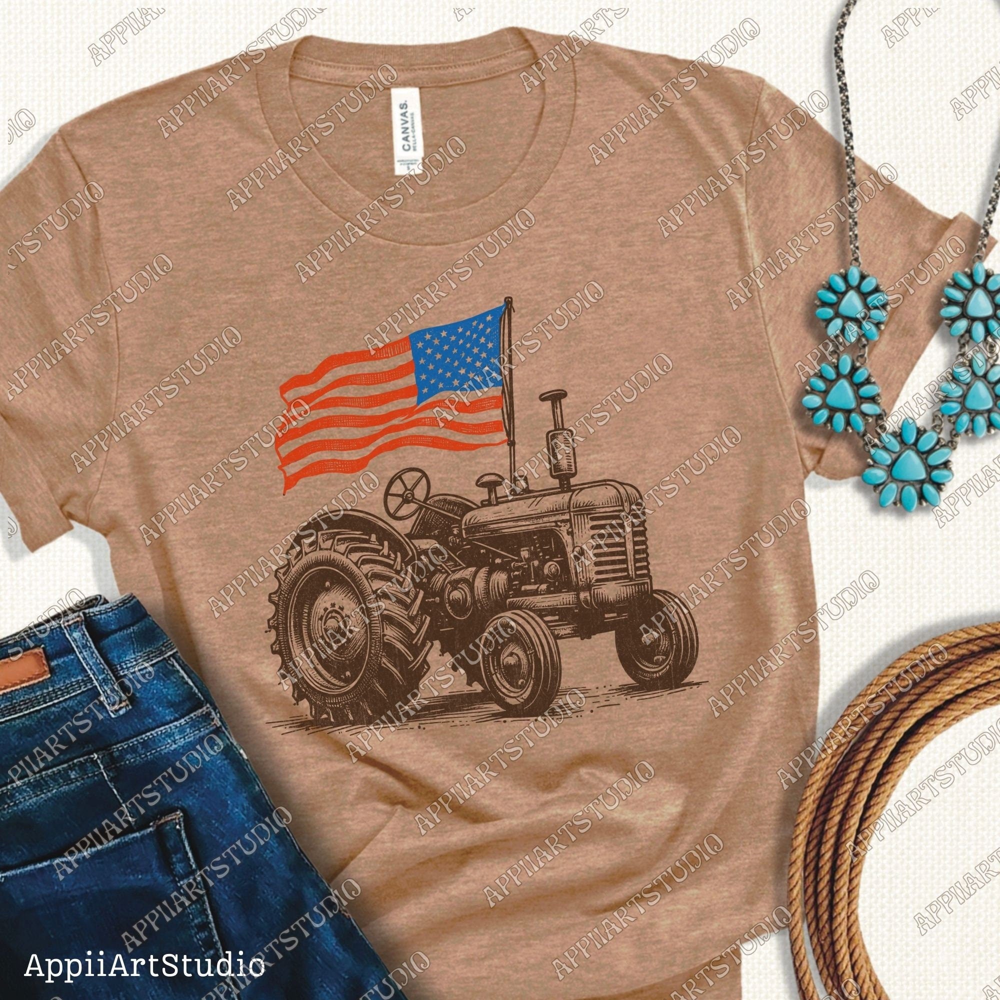 Vintage American Flag Tractor PNG - Patriotic Farm Life Graphic PNG for Memorial & Independence Day, Western Sublimations, Western png