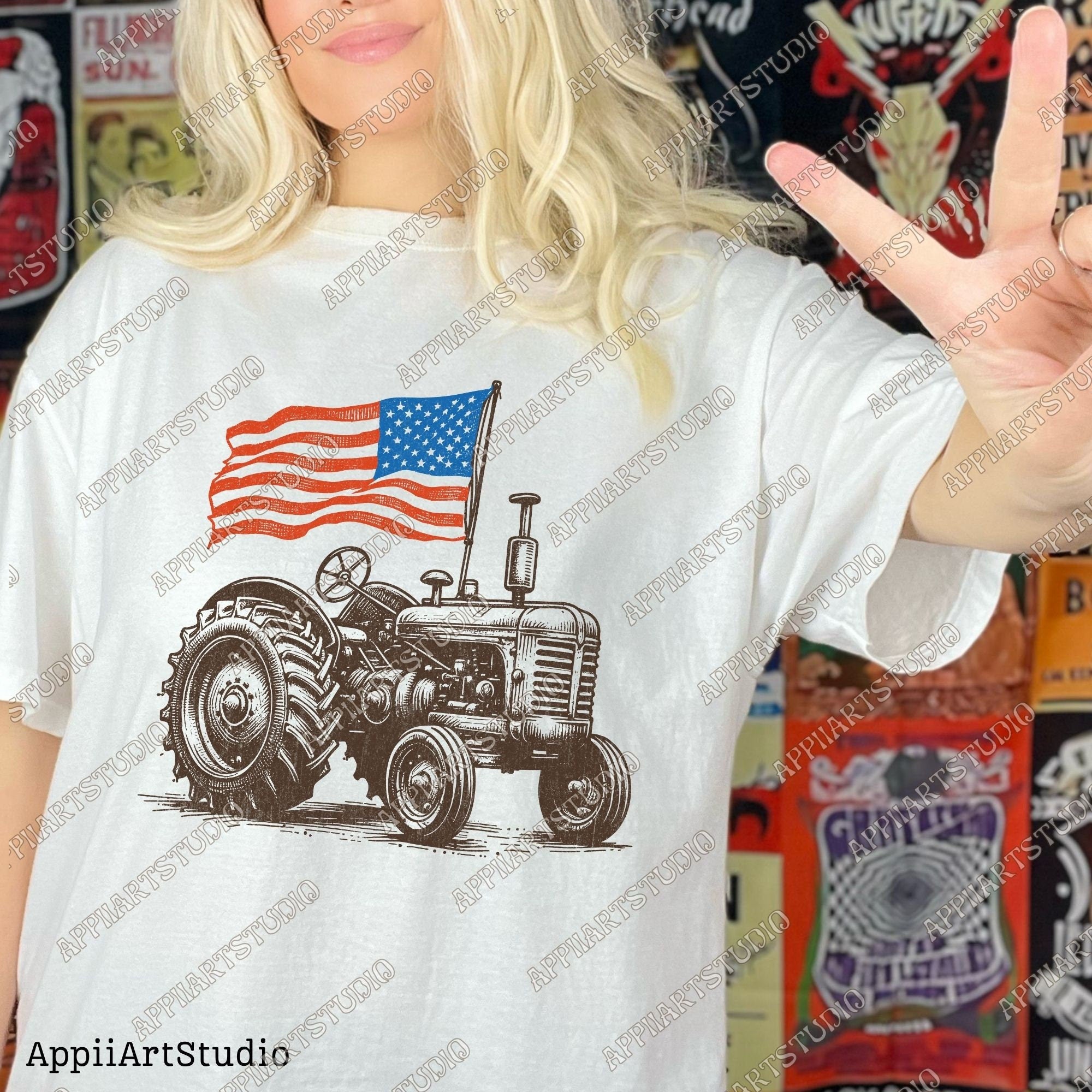 Vintage American Flag Tractor PNG - Patriotic Farm Life Graphic PNG for Memorial & Independence Day, Western Sublimations, Western png