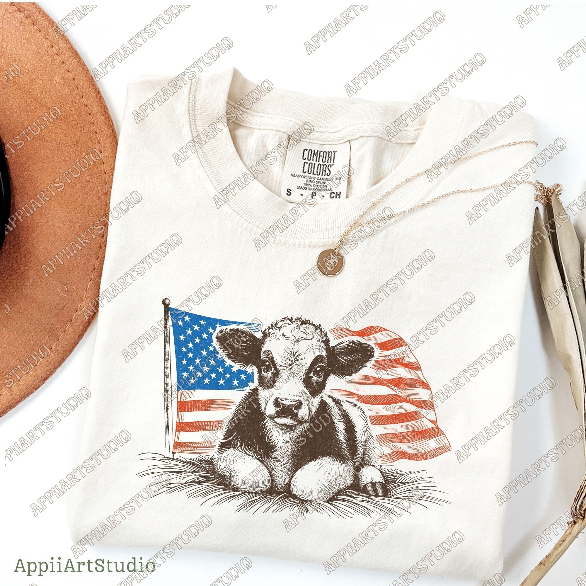 Patriotic American Flag Calf T-Shirt Design, Cute Farm Animal Graphic PNG for Memorial & Independence Day, Western Sublimations, Western png
