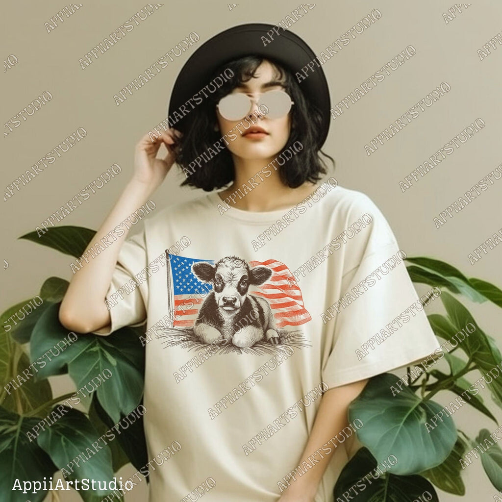 Patriotic American Flag Calf T-Shirt Design, Cute Farm Animal Graphic PNG for Memorial & Independence Day, Western Sublimations, Western png