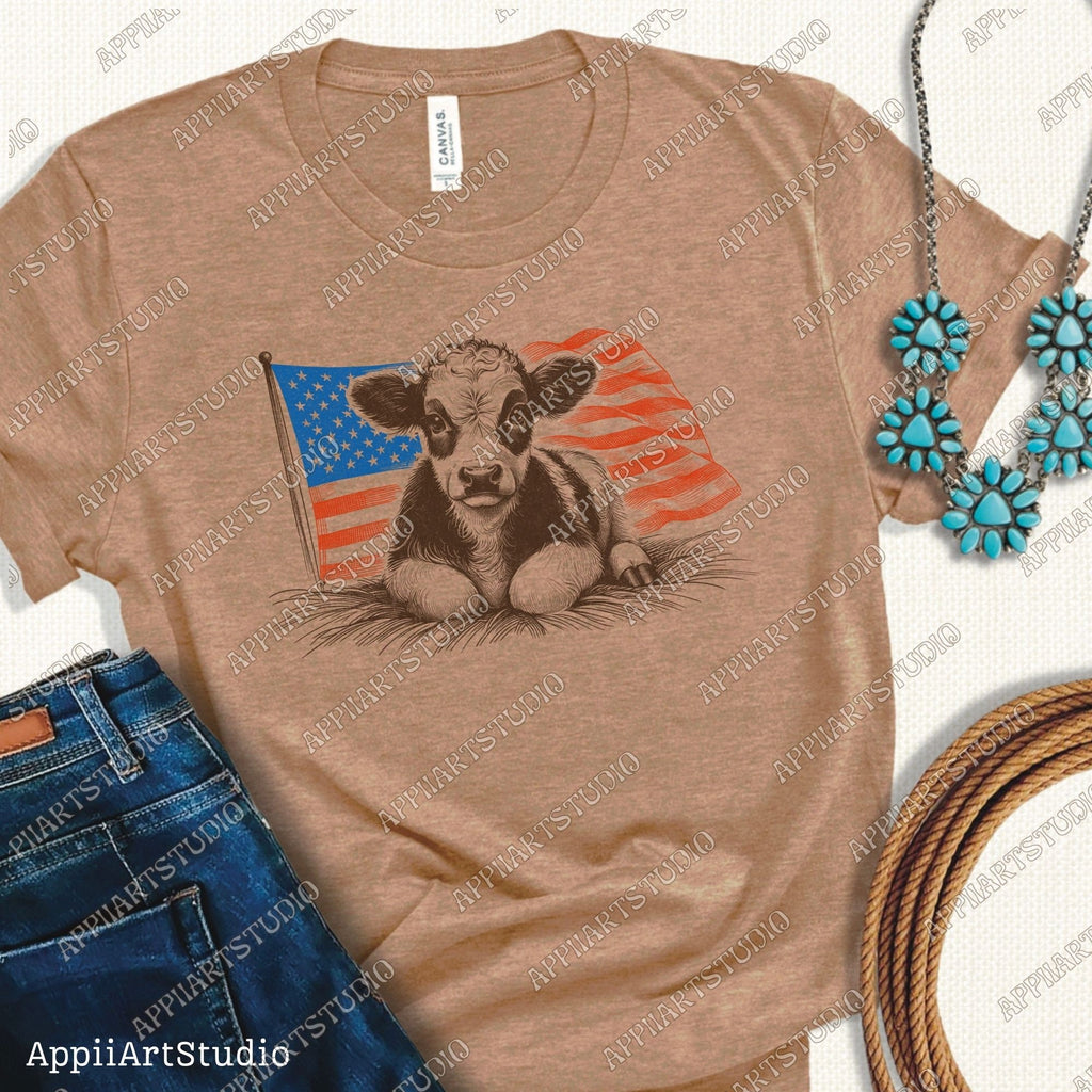 Patriotic American Flag Calf T-Shirt Design, Cute Farm Animal Graphic PNG for Memorial & Independence Day, Western Sublimations, Western png