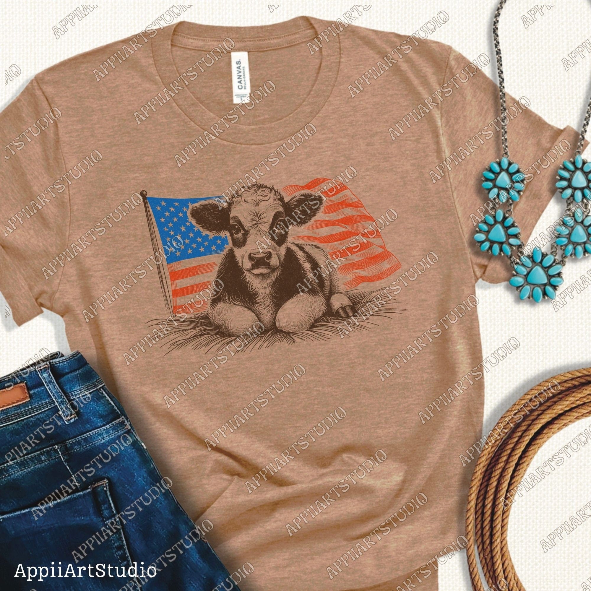 Patriotic American Flag Calf T-Shirt Design, Cute Farm Animal Graphic PNG for Memorial & Independence Day, Western Sublimations, Western png