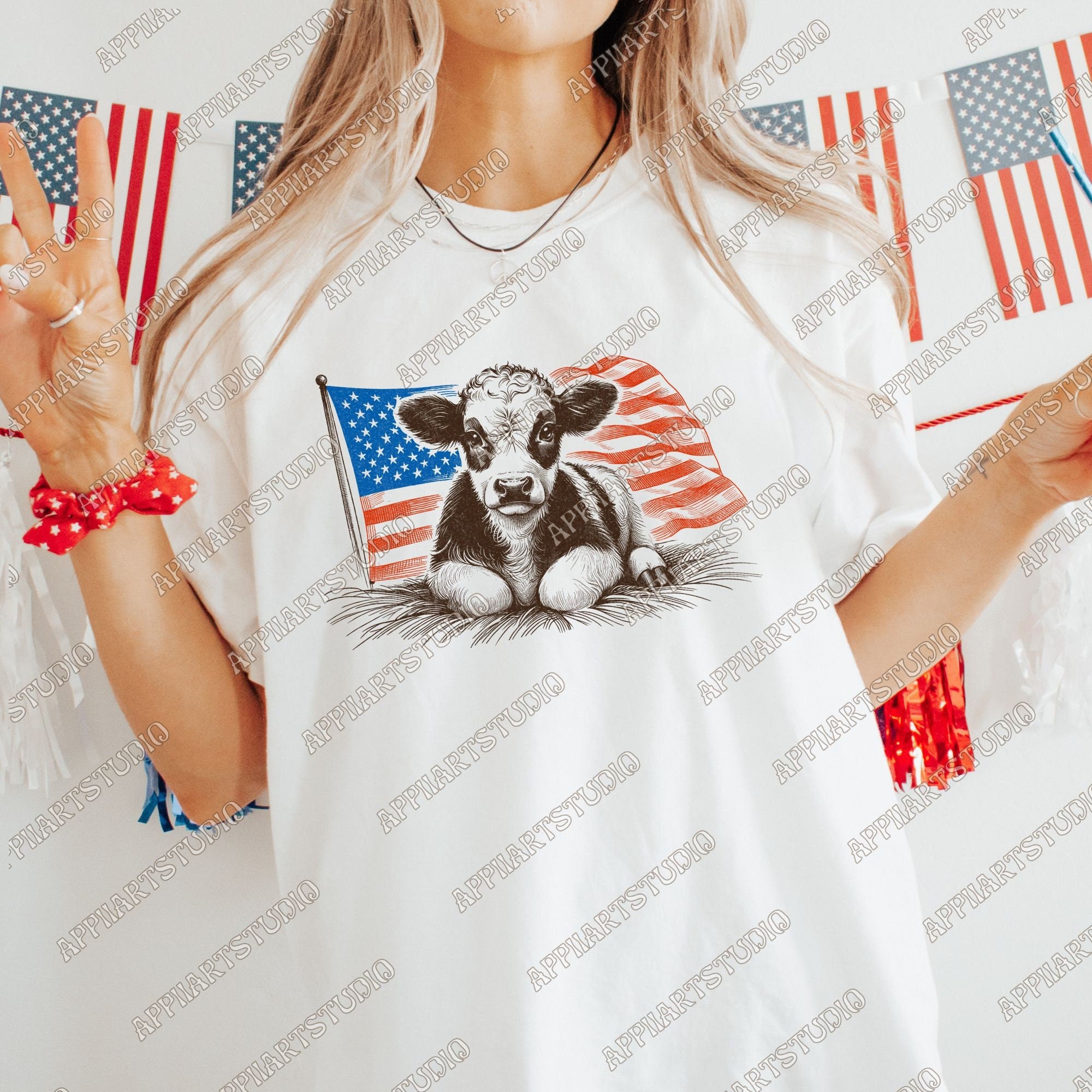 Patriotic American Flag Calf T-Shirt Design, Cute Farm Animal Graphic PNG for Memorial & Independence Day, Western Sublimations, Western png