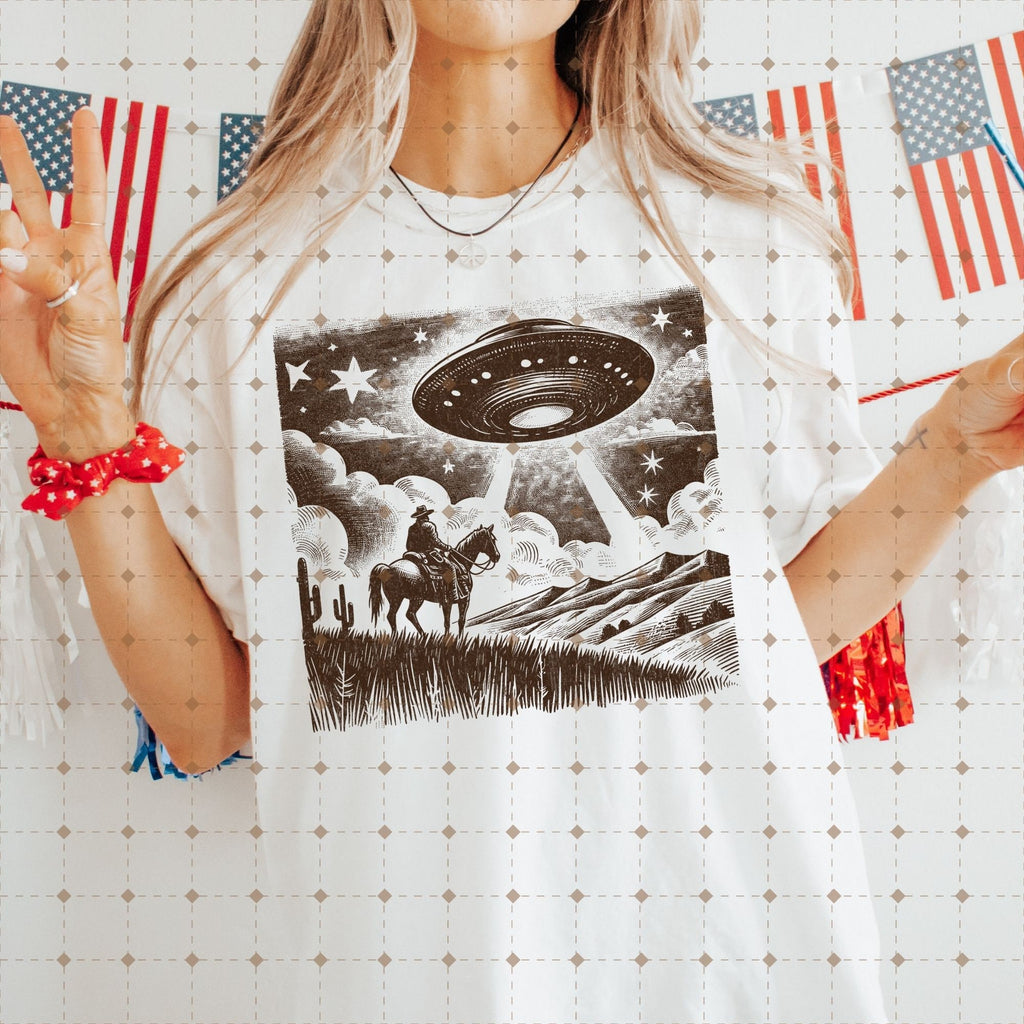 Cowboy UFO PNG Retro Alien Spaceship Vintage Western Horse Riding Desert Funny Illustration T-Shirt Graphic Transparent PNG Digital Download