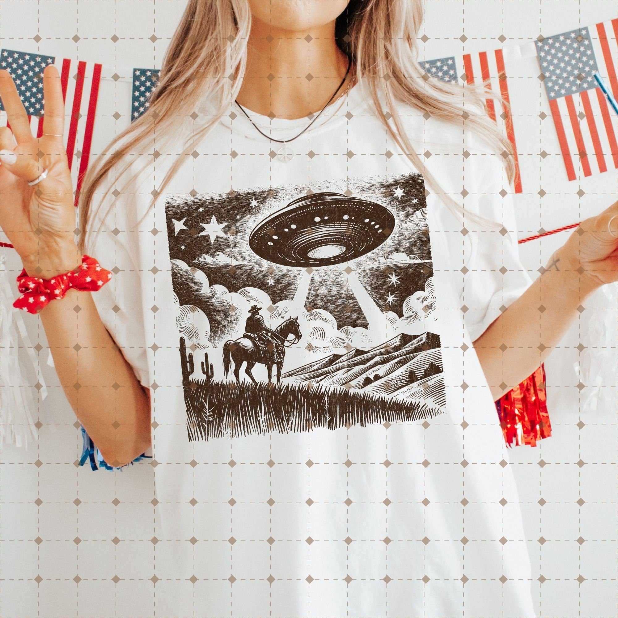 Cowboy UFO PNG Retro Alien Spaceship Vintage Western Horse Riding Desert Funny Illustration T-Shirt Graphic Transparent PNG Digital Download