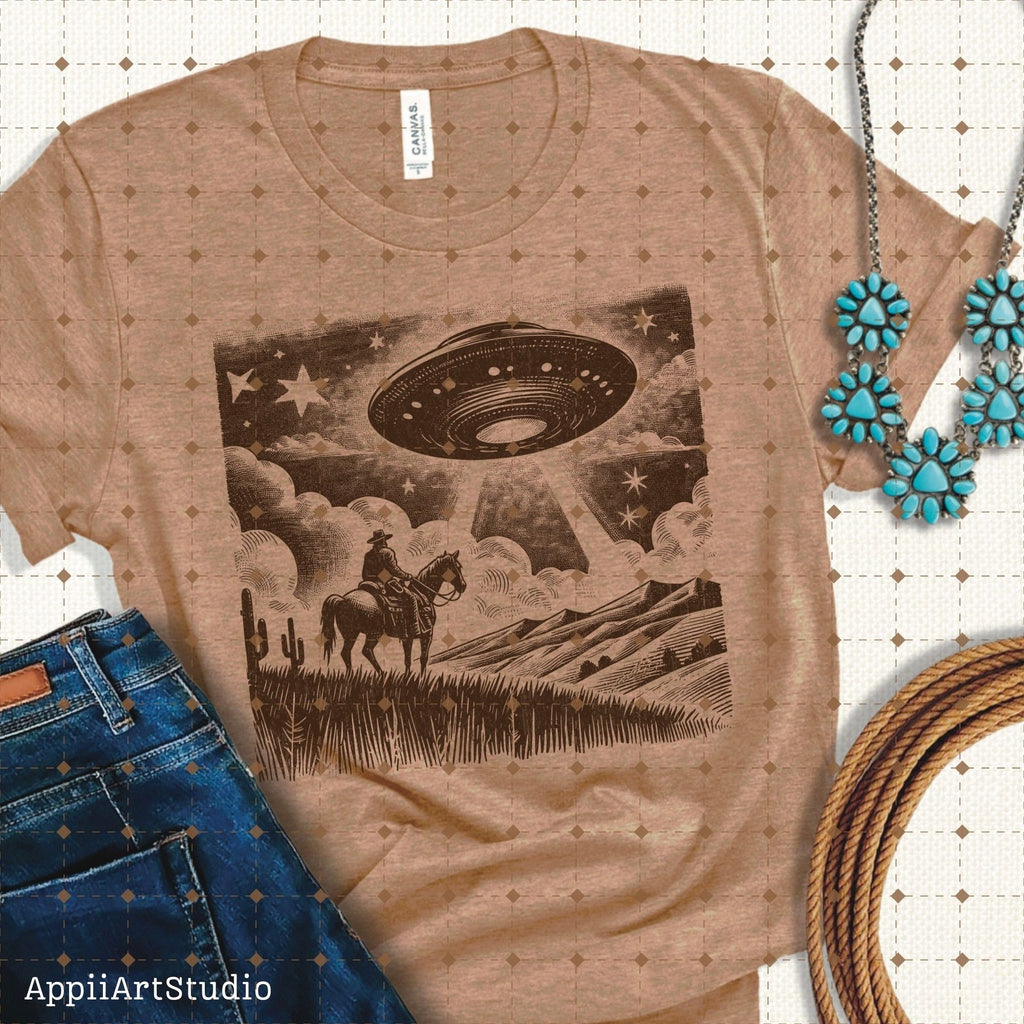 Cowboy UFO PNG Retro Alien Spaceship Vintage Western Horse Riding Desert Funny Illustration T-Shirt Graphic Transparent PNG Digital Download