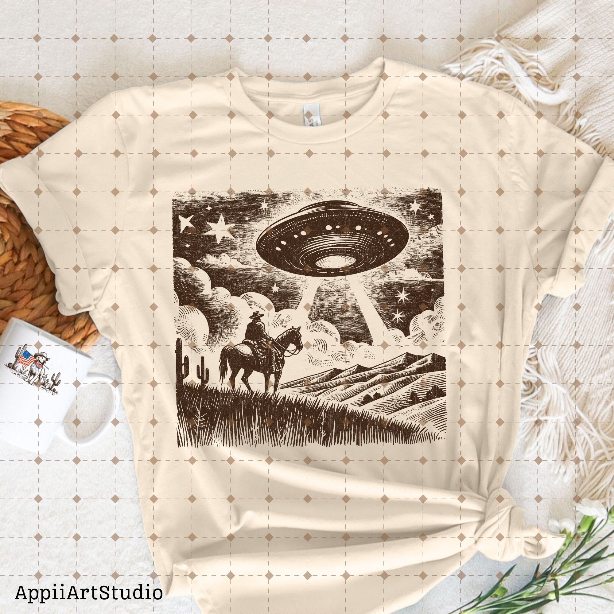 Cowboy UFO PNG Retro Alien Spaceship Vintage Western Horse Riding Desert Funny Illustration T-Shirt Graphic Transparent PNG Digital Download