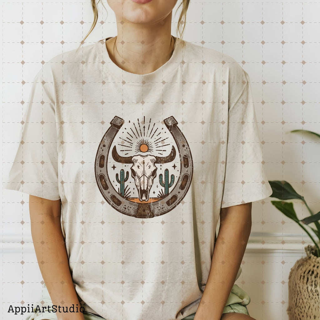 Desert Cow Skull Horseshoe PNG, Western Cowgirl, Western Shirt Design PNG, Western PNG, Vintage Style png, Western Design png, Horseshoe png