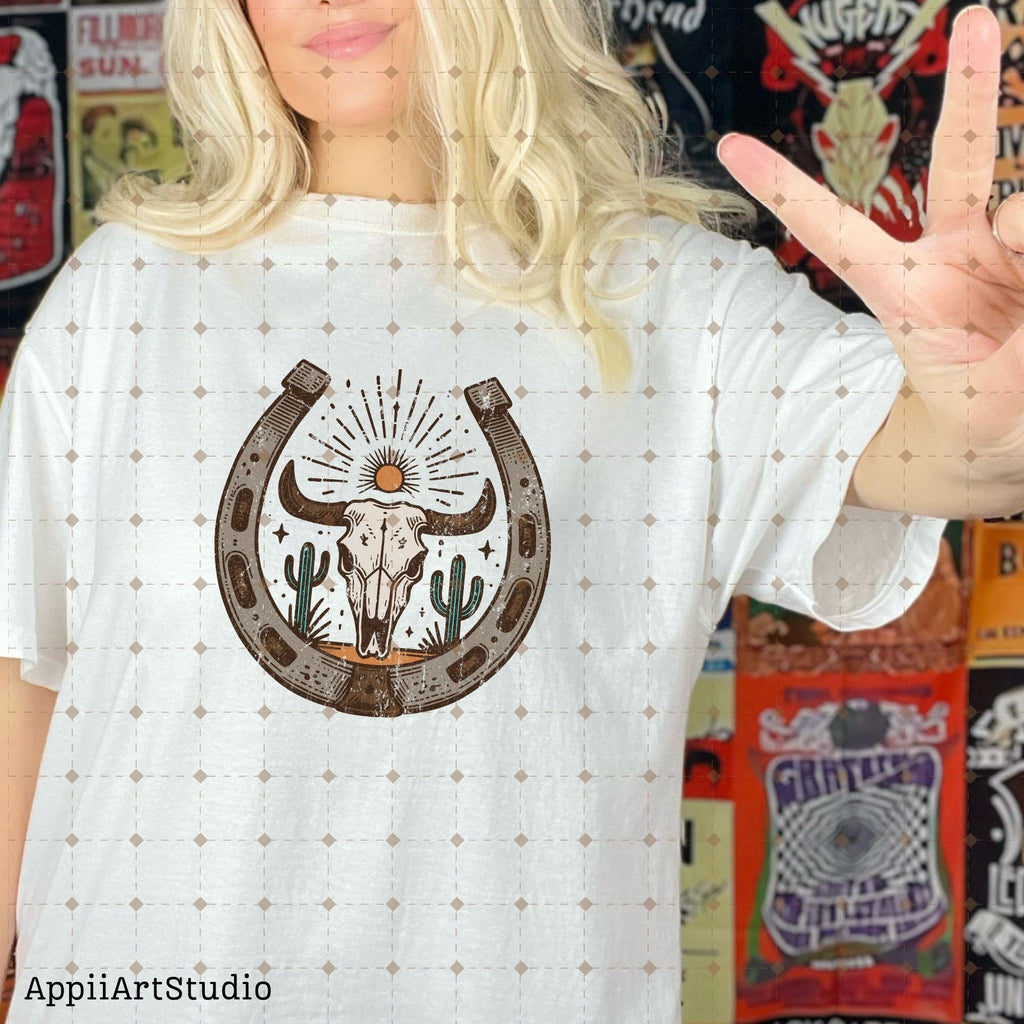 Desert Cow Skull Horseshoe PNG, Western Cowgirl, Western Shirt Design PNG, Western PNG, Vintage Style png, Western Design png, Horseshoe png