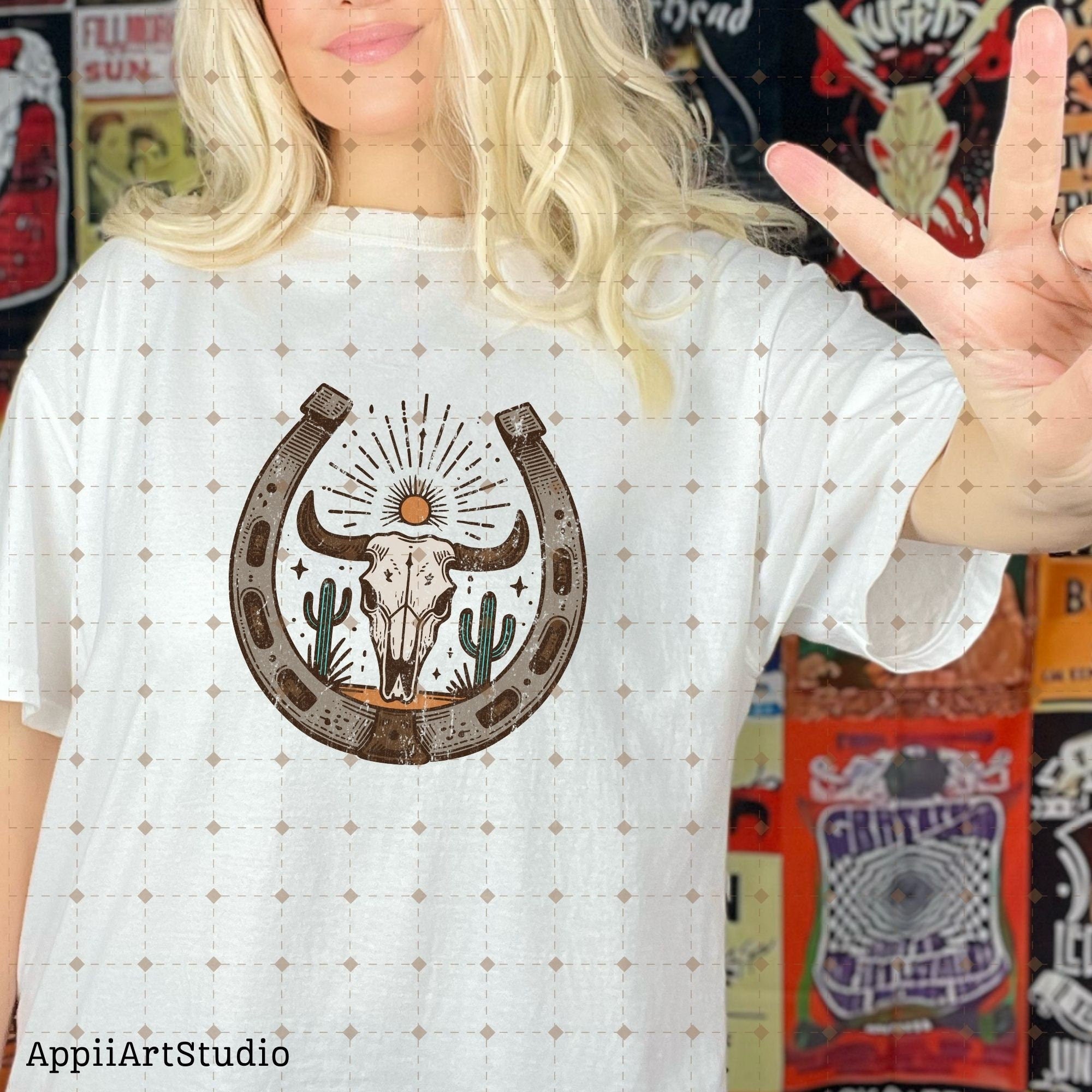 Desert Cow Skull Horseshoe PNG, Western Cowgirl, Western Shirt Design PNG, Western PNG, Vintage Style png, Western Design png, Horseshoe png