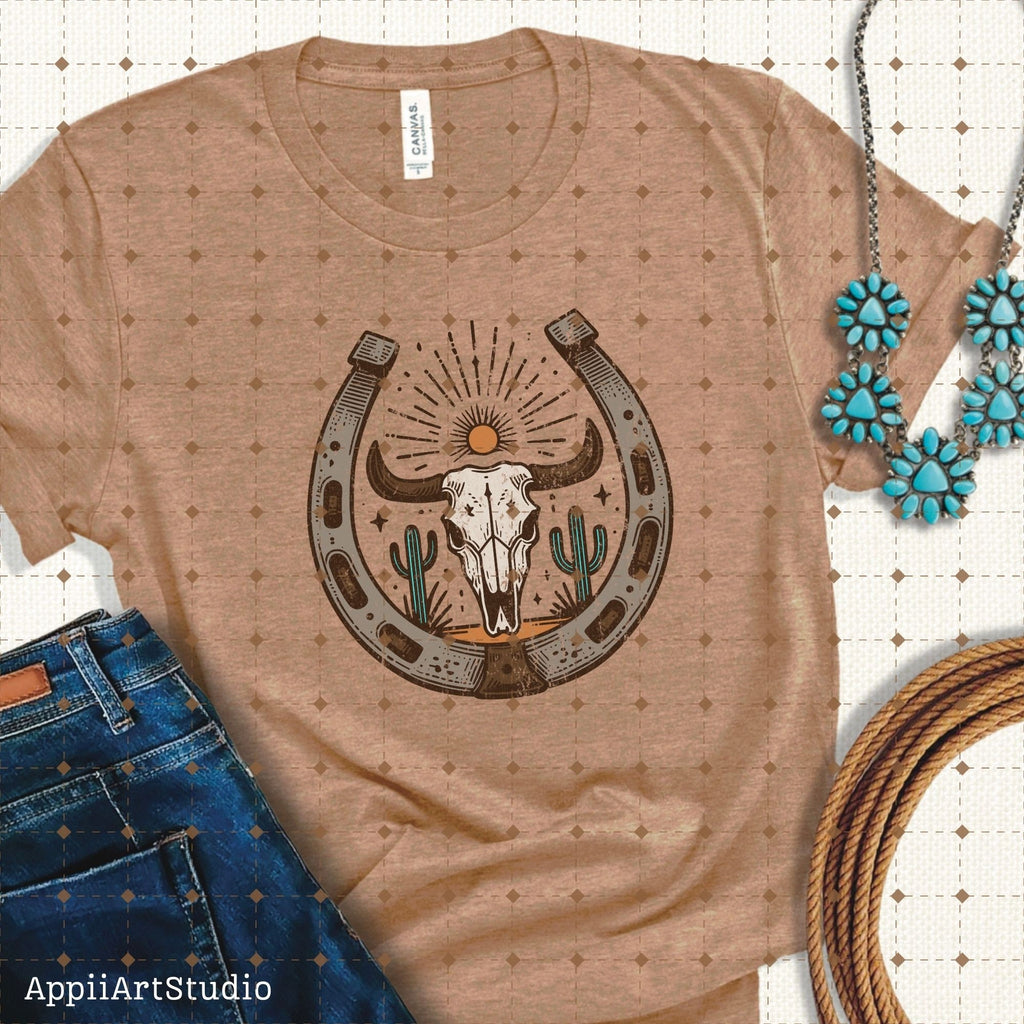 Desert Cow Skull Horseshoe PNG, Western Cowgirl, Western Shirt Design PNG, Western PNG, Vintage Style png, Western Design png, Horseshoe png