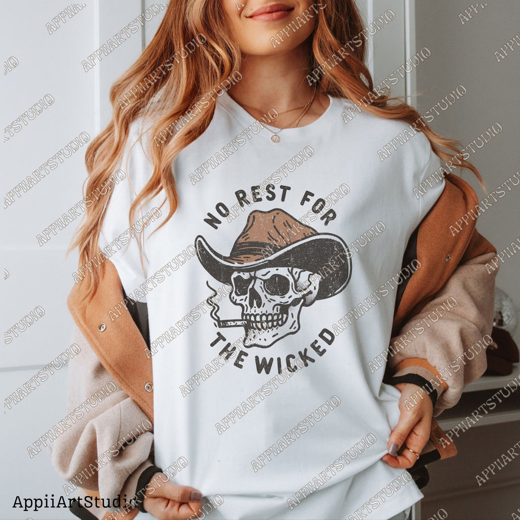 No Rest for the Wicked Png, Western Cowboy Smoking Skull Design PNG, Western PNG, Vintage Style PNG, Western Design, Desert Western Png