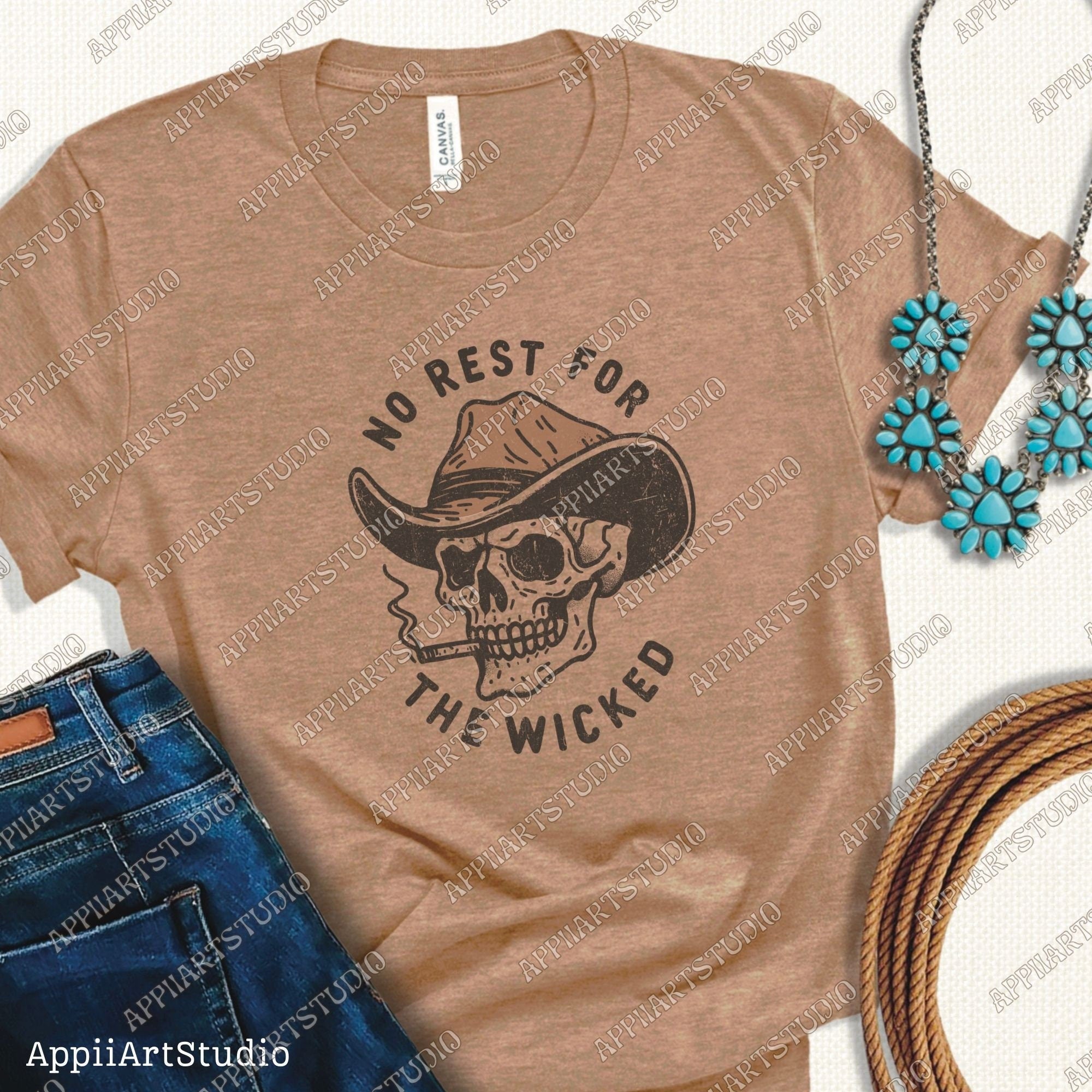 No Rest for the Wicked Png, Western Cowboy Smoking Skull Design PNG, Western PNG, Vintage Style PNG, Western Design, Desert Western Png