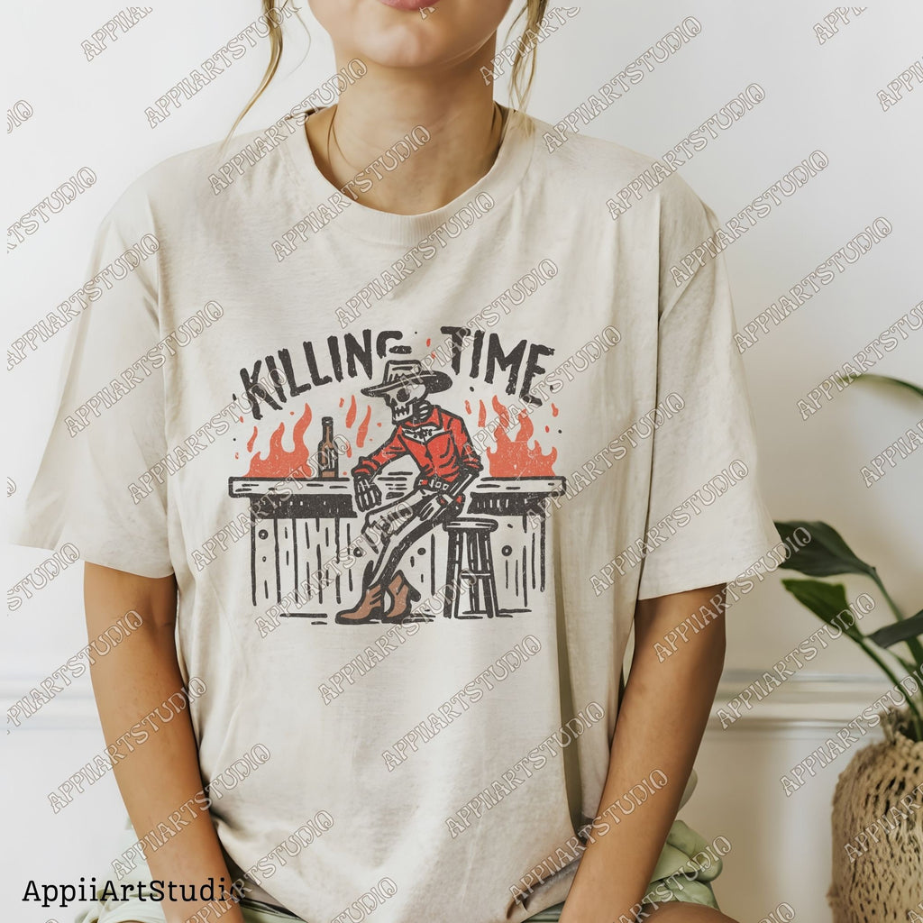 Killing Time - Cowboy Skeleton at Bar Png, Western Cowboy Skull Design PNG, Western PNG, Vintage Style PNG,Western Design,Desert Western Png