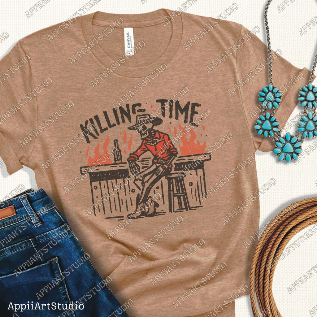 Killing Time - Cowboy Skeleton at Bar Png, Western Cowboy Skull Design PNG, Western PNG, Vintage Style PNG,Western Design,Desert Western Png