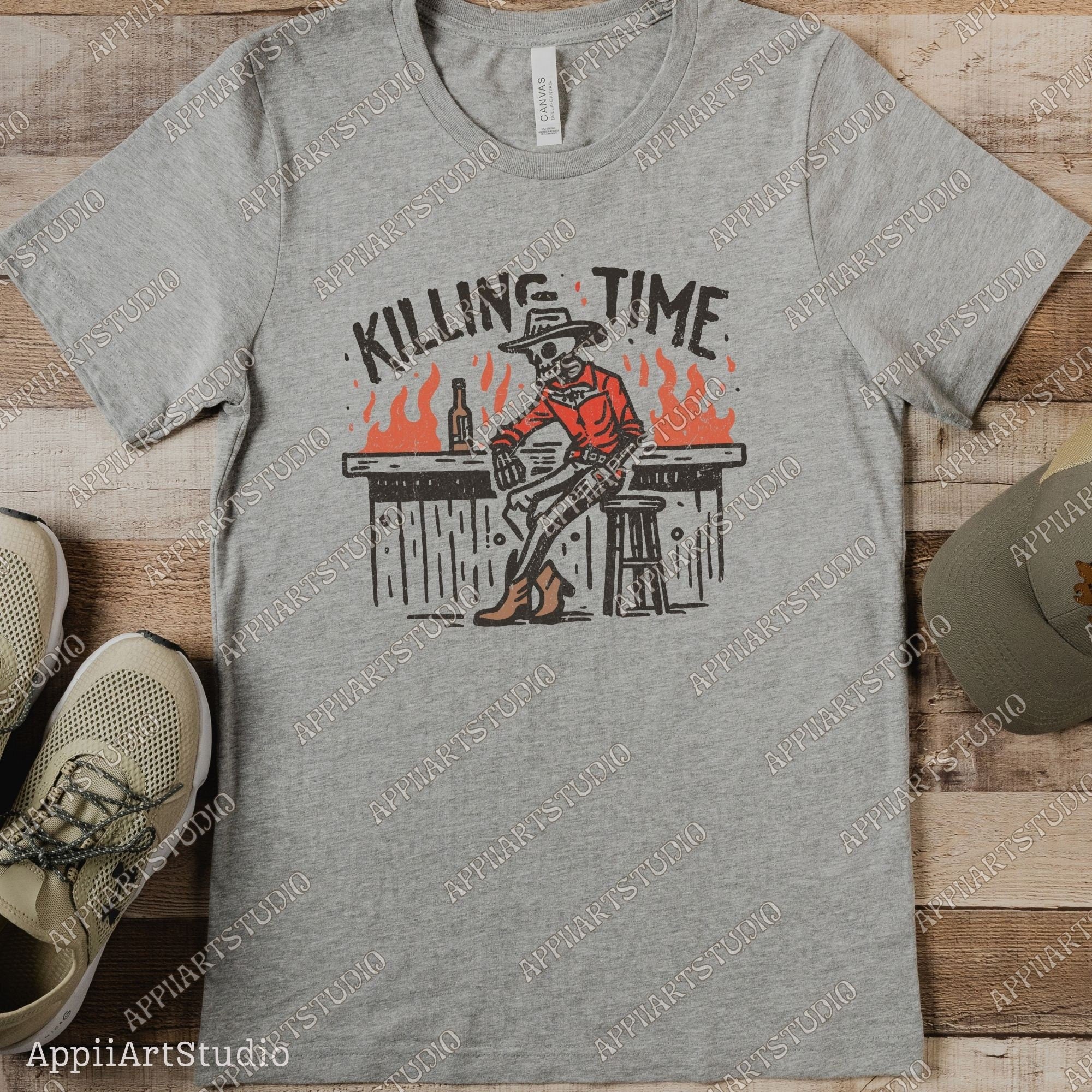 Killing Time - Cowboy Skeleton at Bar Png, Western Cowboy Skull Design PNG, Western PNG, Vintage Style PNG,Western Design,Desert Western Png