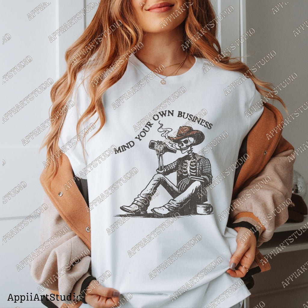 Mind Your Own Business - Cowboy Skeleton, Western Cowboy Skull Design PNG, Western PNG, Vintage Style PNG, Western Design,Desert Western Png