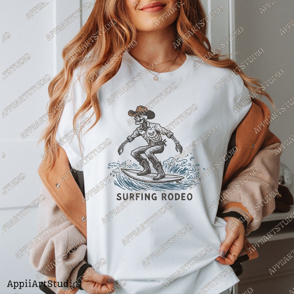 Surfing Rodeopng, Cowboy Skeleton on Surfboard Png, Western Cowboy Skull Design PNG, Western PNG, Vintage Style PNG, Summer Western Png