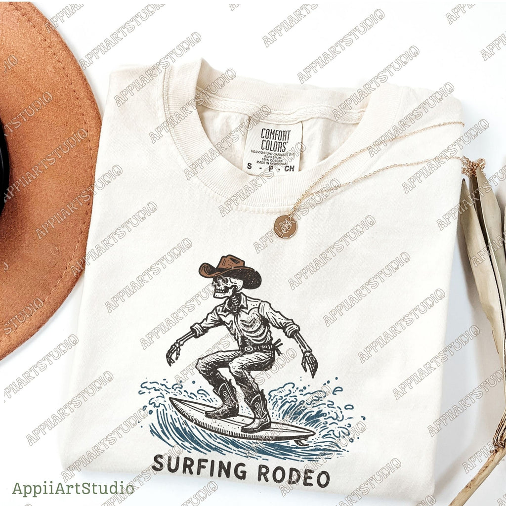 Surfing Rodeopng, Cowboy Skeleton on Surfboard Png, Western Cowboy Skull Design PNG, Western PNG, Vintage Style PNG, Summer Western Png