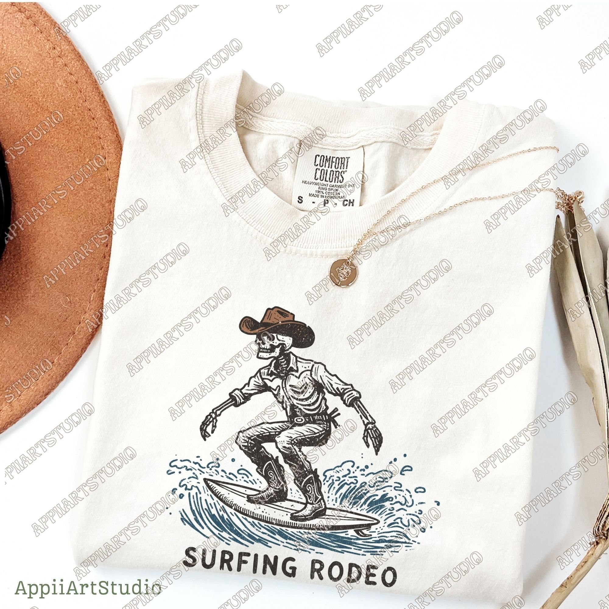 Surfing Rodeopng, Cowboy Skeleton on Surfboard Png, Western Cowboy Skull Design PNG, Western PNG, Vintage Style PNG, Summer Western Png