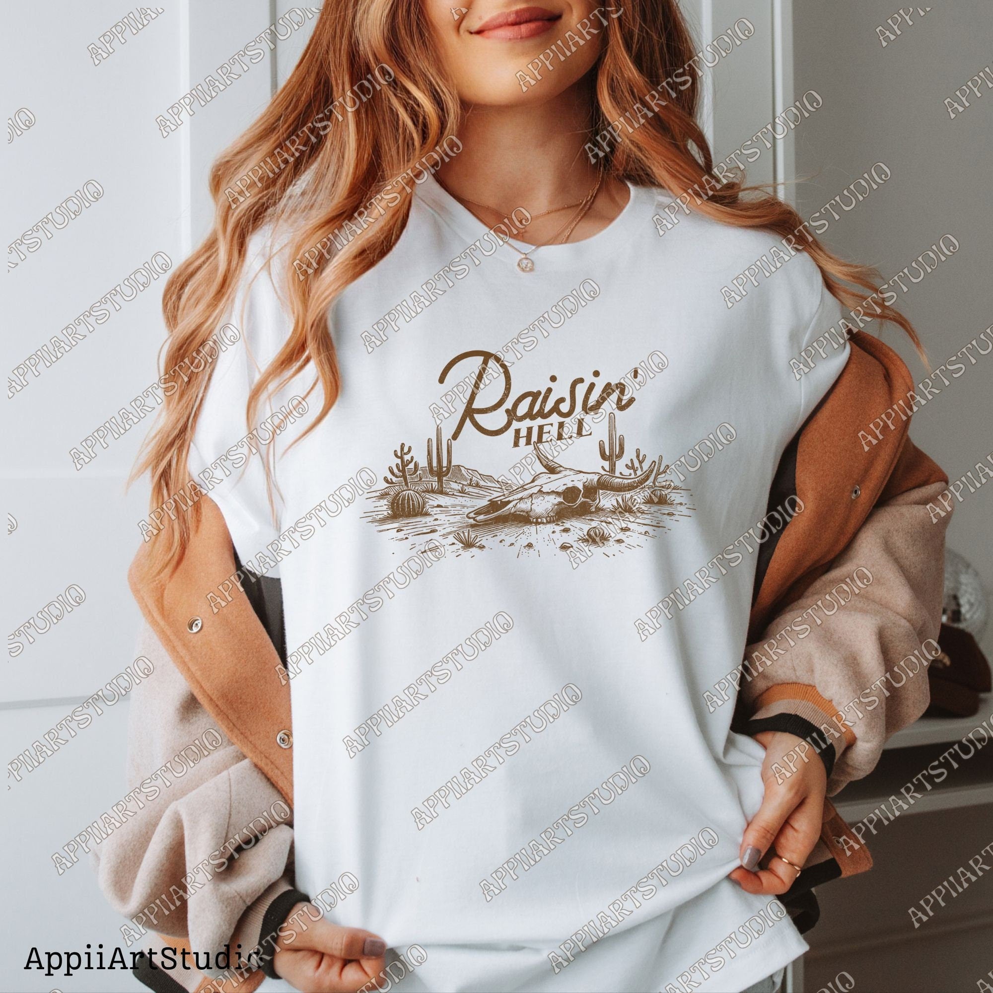 Raisin' Hell Funny & Humorous Southern Phrase and Saying Country Cowboy Retro Vintage T-Shirt Graphic Transparent PNG Digital Download