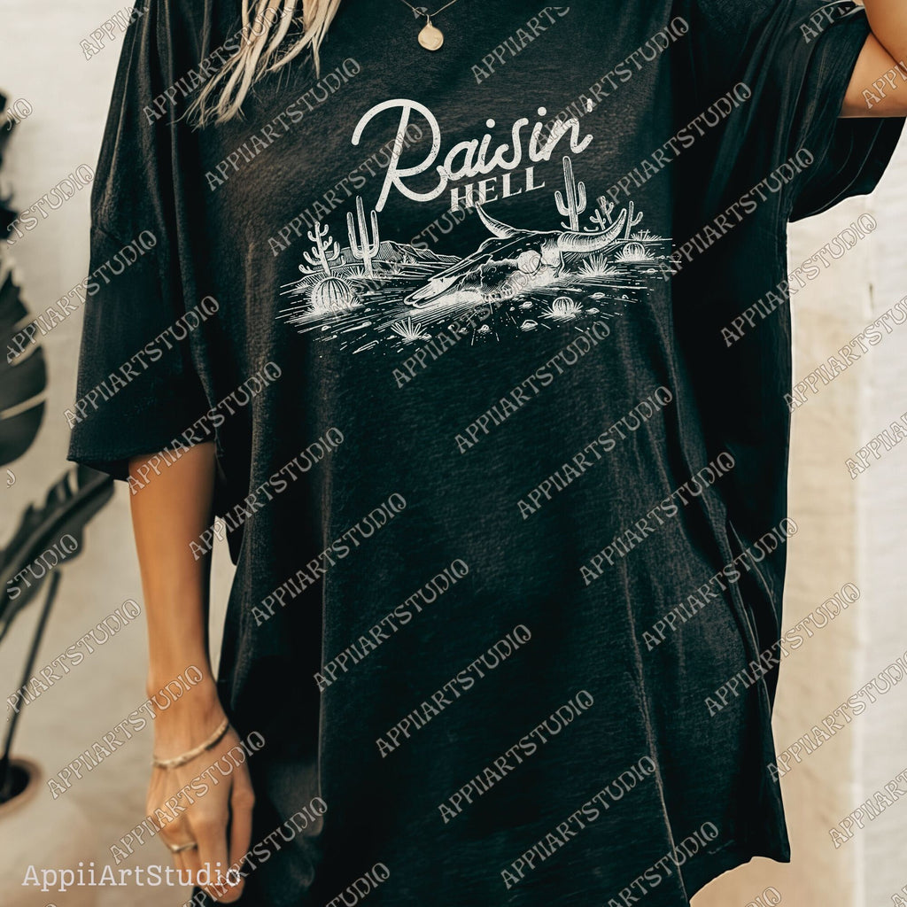 Raisin' Hell Funny & Humorous Southern Phrase and Saying Country Cowboy Retro Vintage T-Shirt Graphic Transparent PNG Digital Download