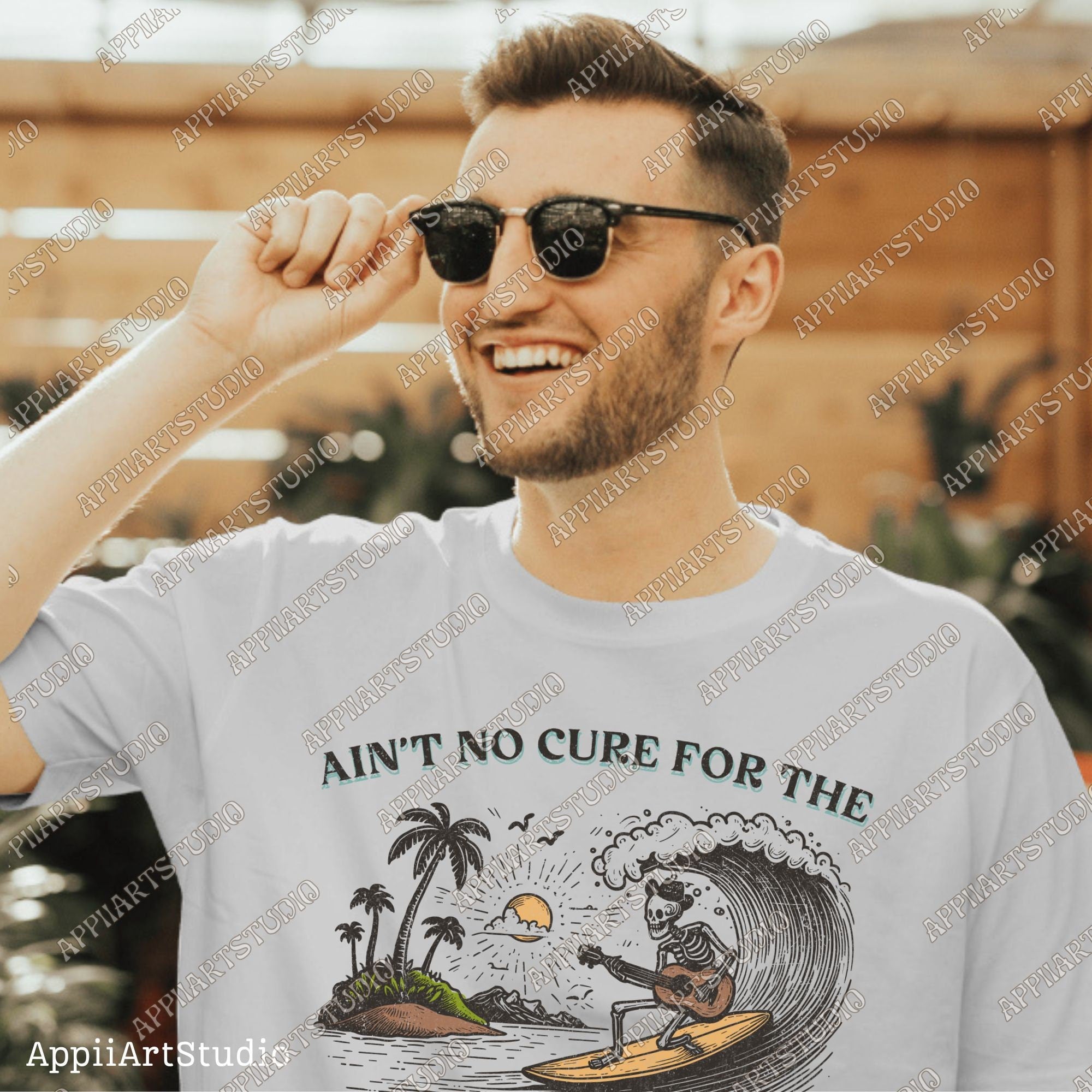 Ain't No Cure for the Summertime Blues Skeleton Surfer T-Shirt Design Retro Beach, Retro Sublimations, Summer Sublimations, PNG Shirt Design