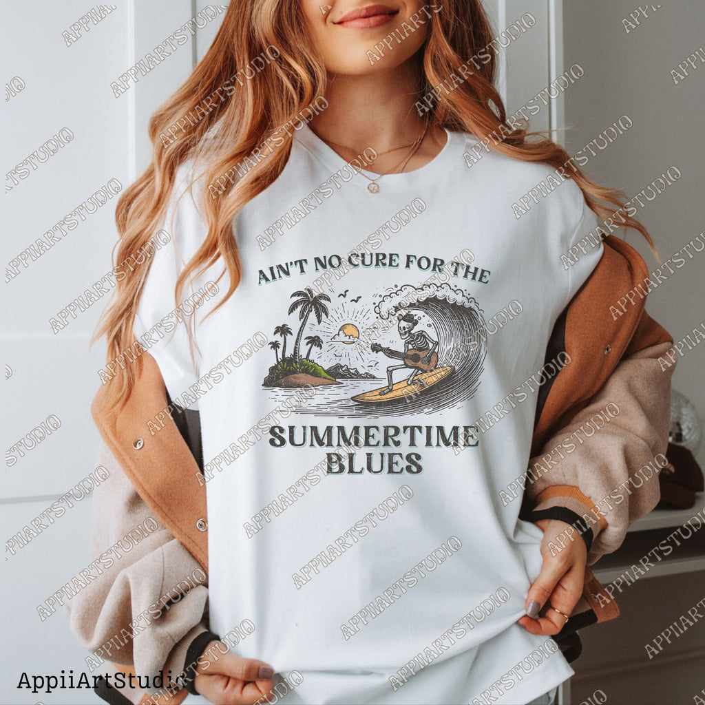 Ain't No Cure for the Summertime Blues Skeleton Surfer T-Shirt Design Retro Beach, Retro Sublimations, Summer Sublimations, PNG Shirt Design