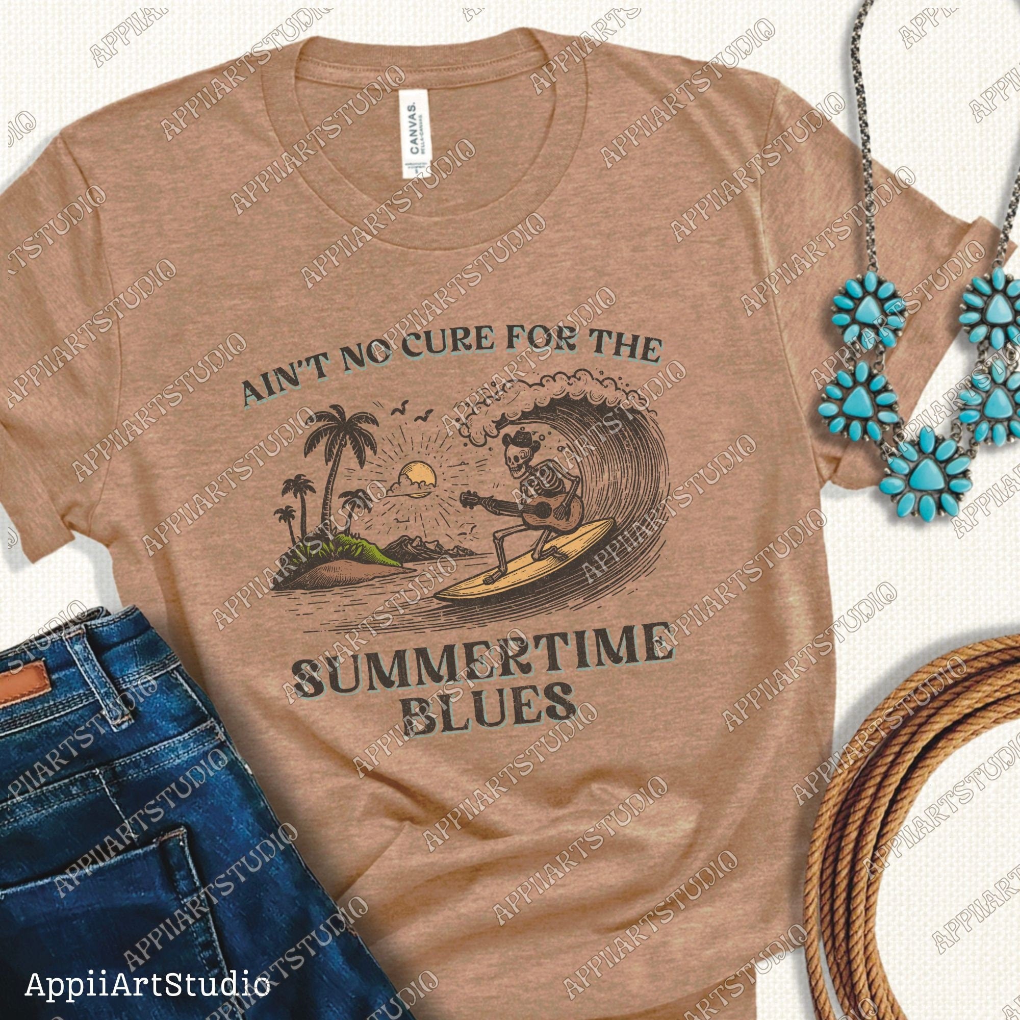 Ain't No Cure for the Summertime Blues Skeleton Surfer T-Shirt Design Retro Beach, Retro Sublimations, Summer Sublimations, PNG Shirt Design