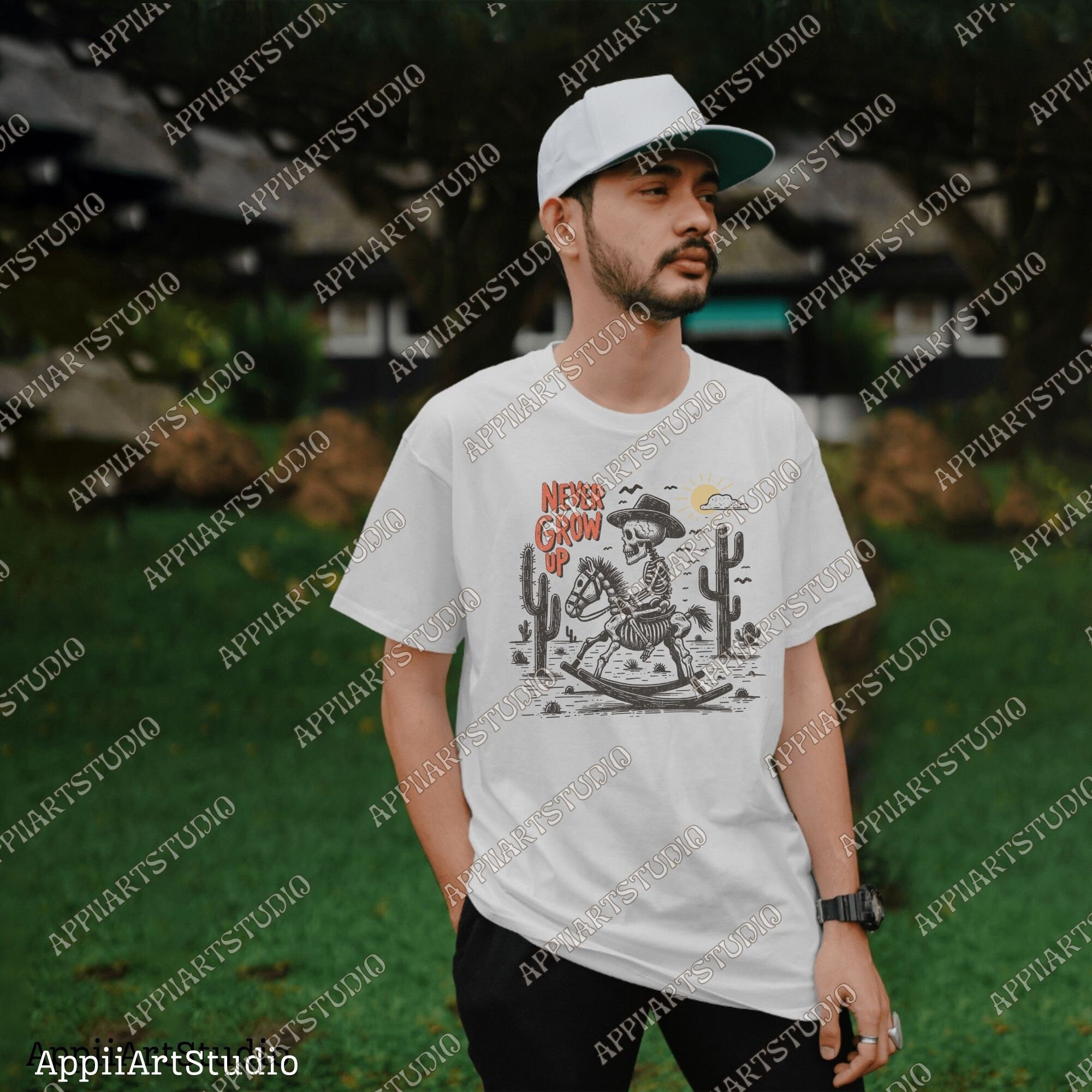 Never Grow Up Skeleton Cowboy PNG, Retro Western PNG, Western Cowboy Skull PNG, Western png, Desert Western Rocking Horse png, Vintage Style