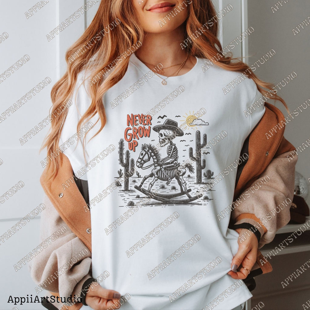 Never Grow Up Skeleton Cowboy PNG, Retro Western PNG, Western Cowboy Skull PNG, Western png, Desert Western Rocking Horse png, Vintage Style