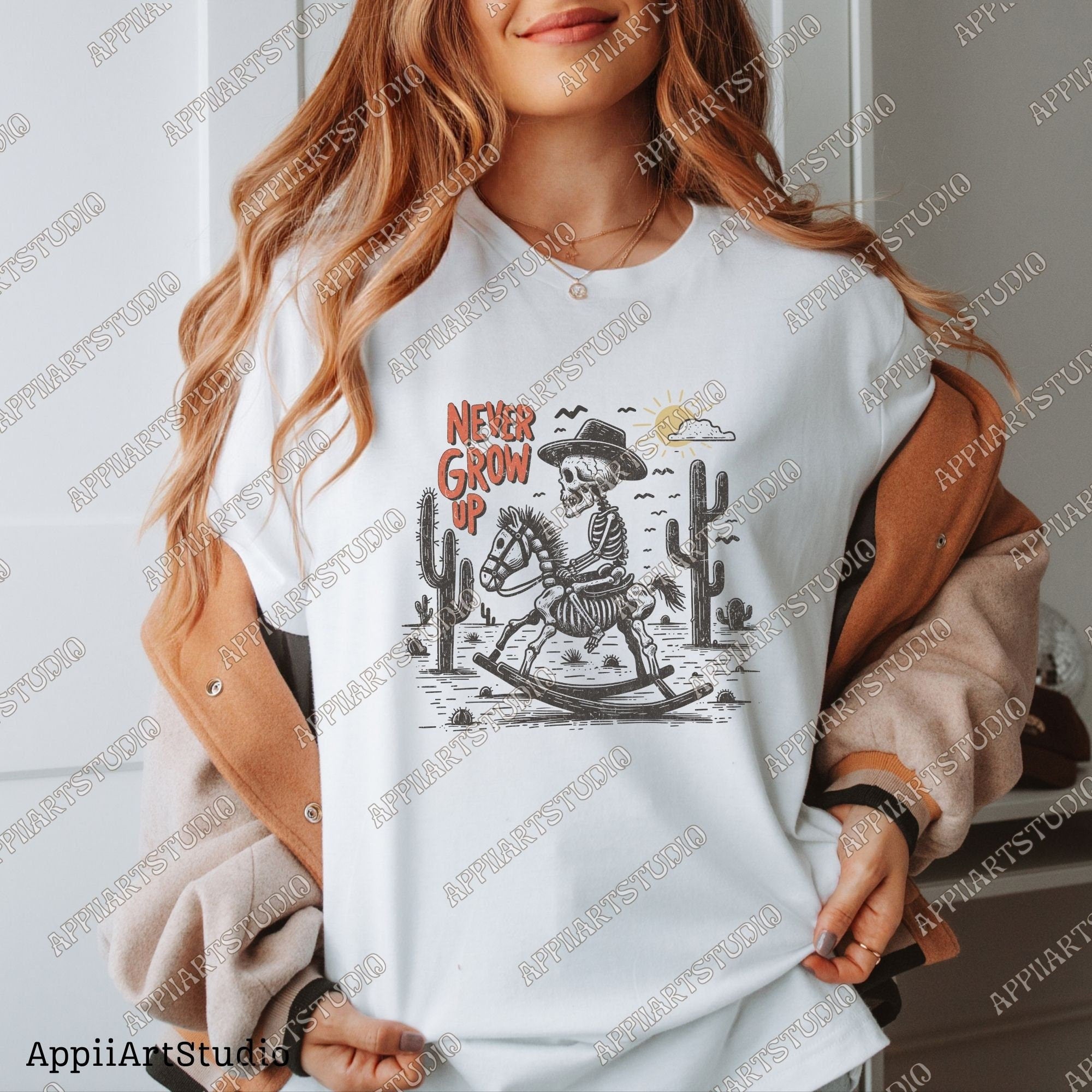 Never Grow Up Skeleton Cowboy PNG, Retro Western PNG, Western Cowboy Skull PNG, Western png, Desert Western Rocking Horse png, Vintage Style