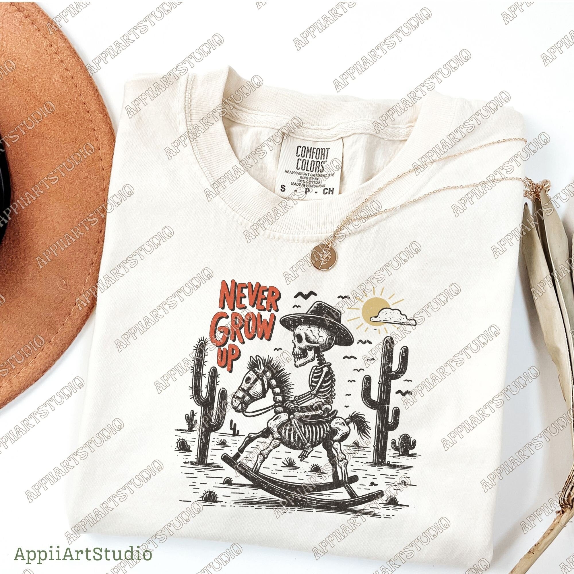 Never Grow Up Skeleton Cowboy PNG, Retro Western PNG, Western Cowboy Skull PNG, Western png, Desert Western Rocking Horse png, Vintage Style
