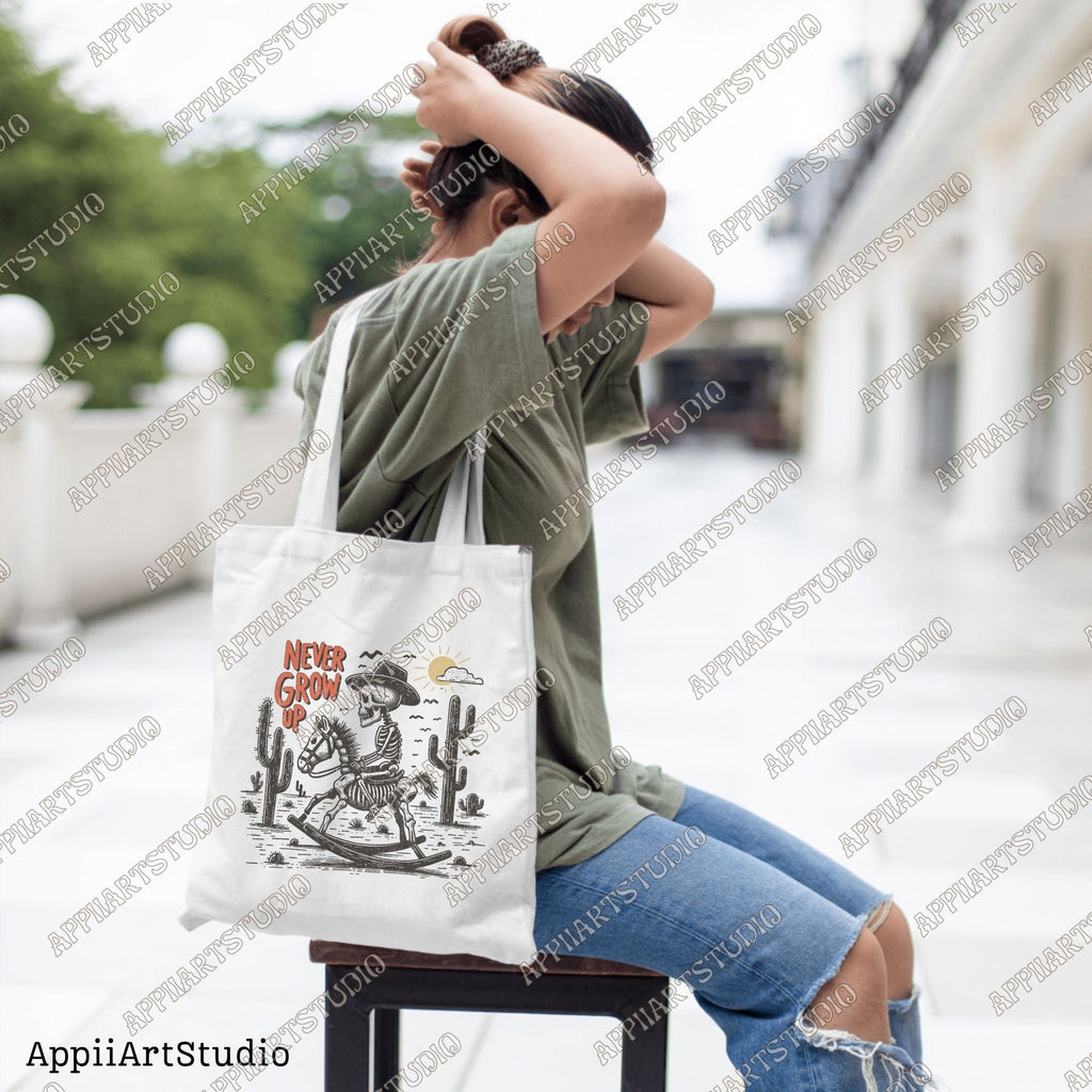 Never Grow Up Skeleton Cowboy PNG, Retro Western PNG, Western Cowboy Skull PNG, Western png, Desert Western Rocking Horse png, Vintage Style