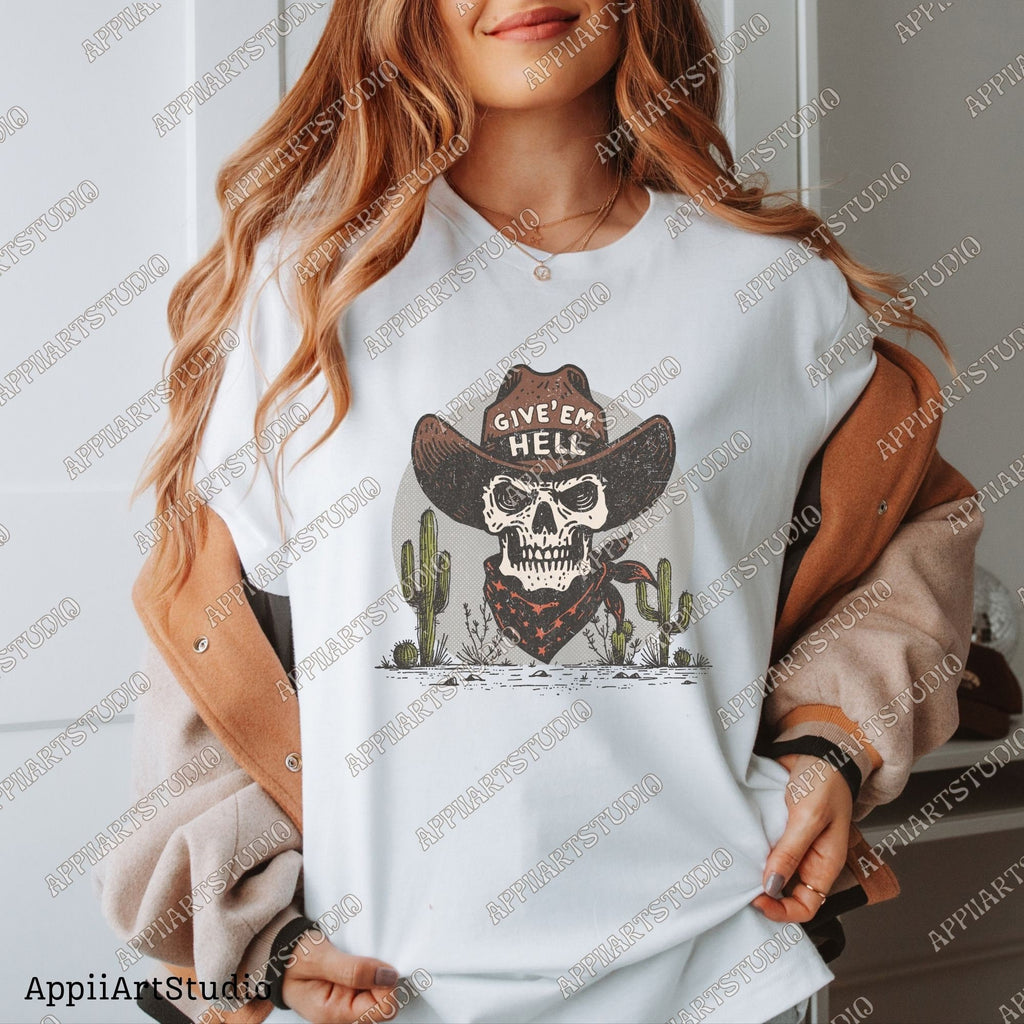 Give'Em Hell Skeleton Cowboy PNG Vintage Boho Western Cowboy Illustration Wild West Retro Western Graphic Transparent PNG Graphic Download