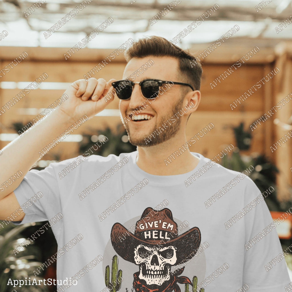 Give'Em Hell Skeleton Cowboy PNG Vintage Boho Western Cowboy Illustration Wild West Retro Western Graphic Transparent PNG Graphic Download